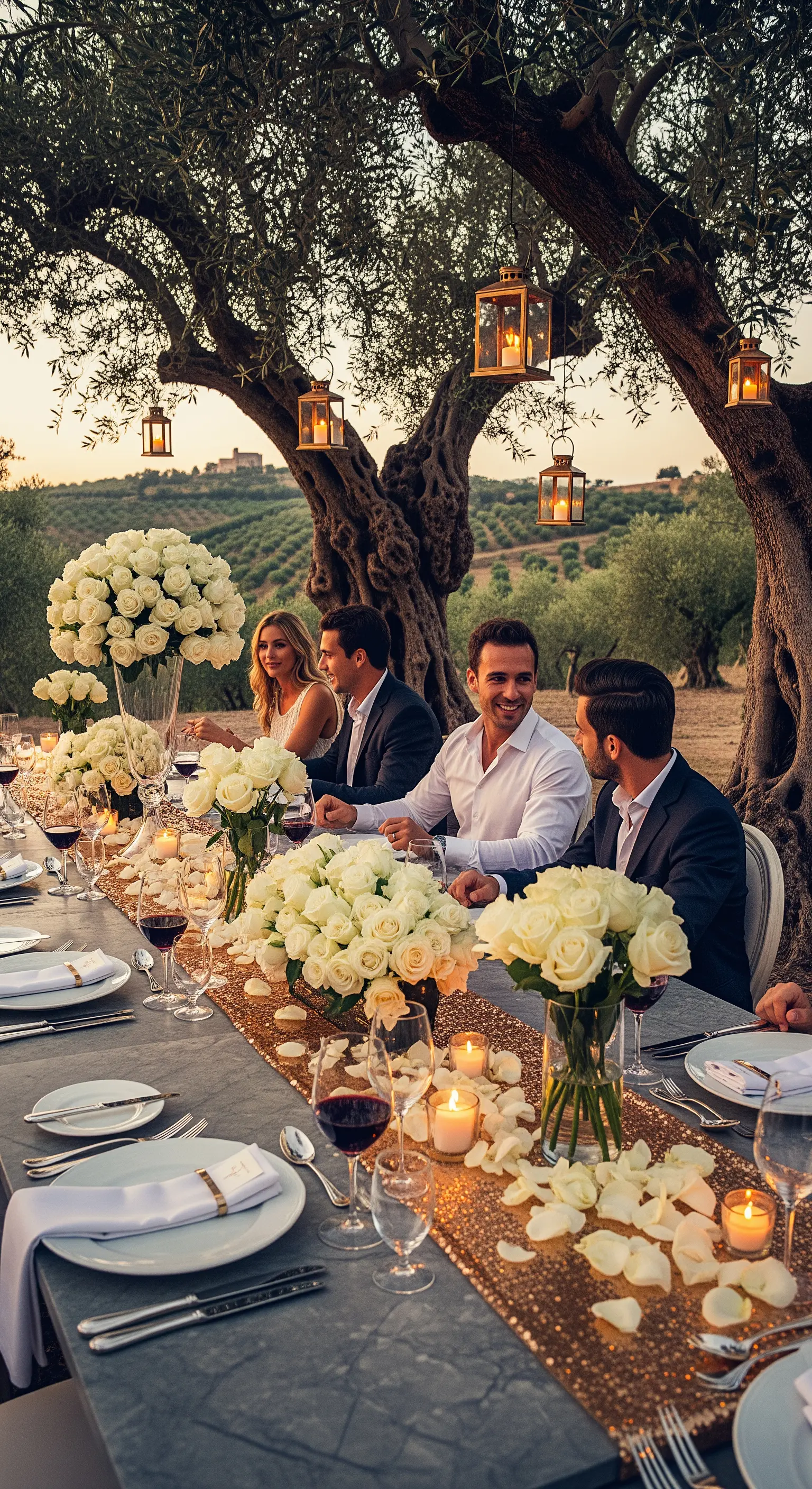 Outdoor-Tafel unter Olivenbäumen mit weißen Rosen, Gold-Läufer und Laternen.