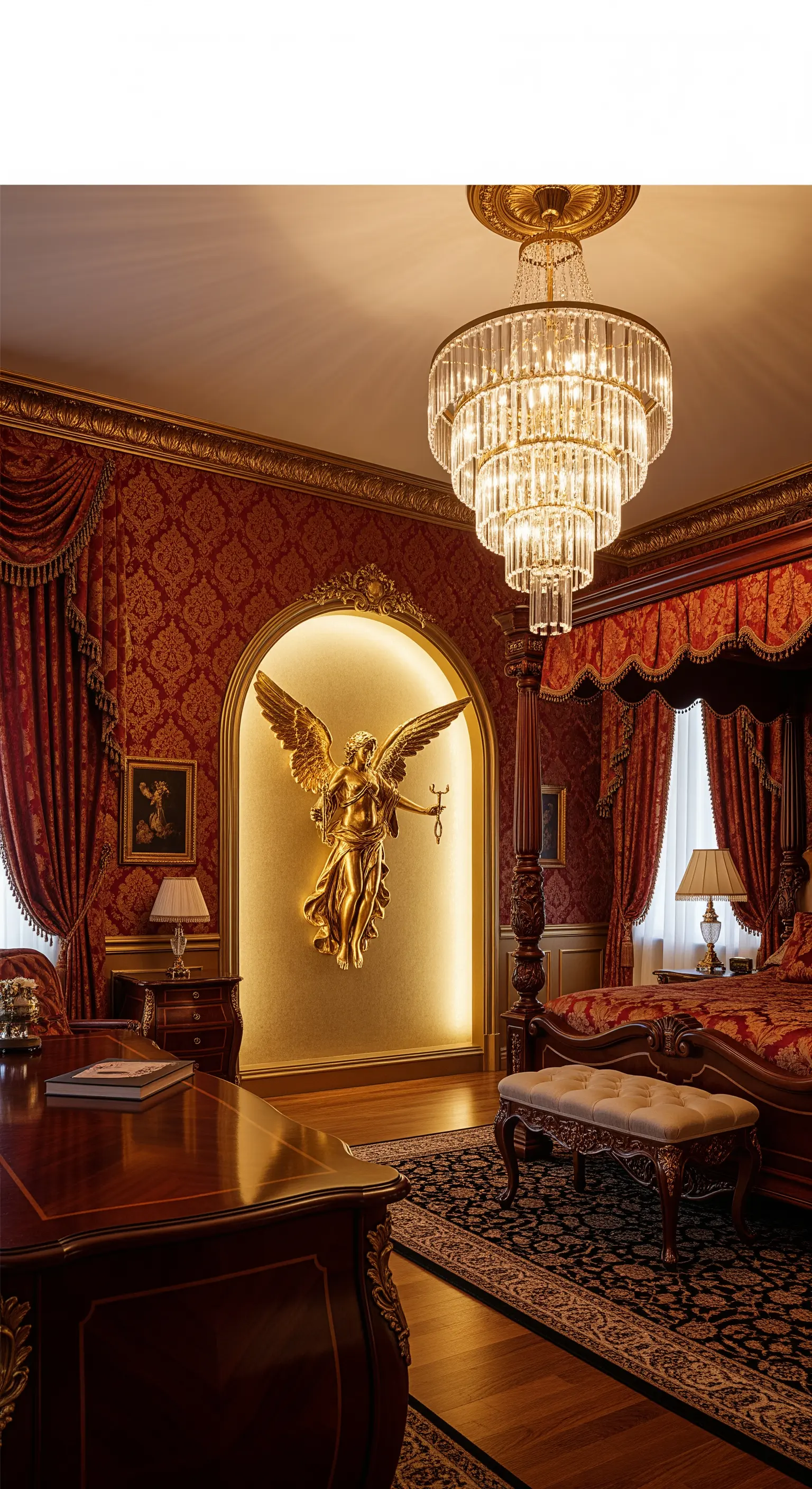 Große goldene Engelsstatue in einer beleuchteten Wandnische in einem opulenten Schlafzimmer.