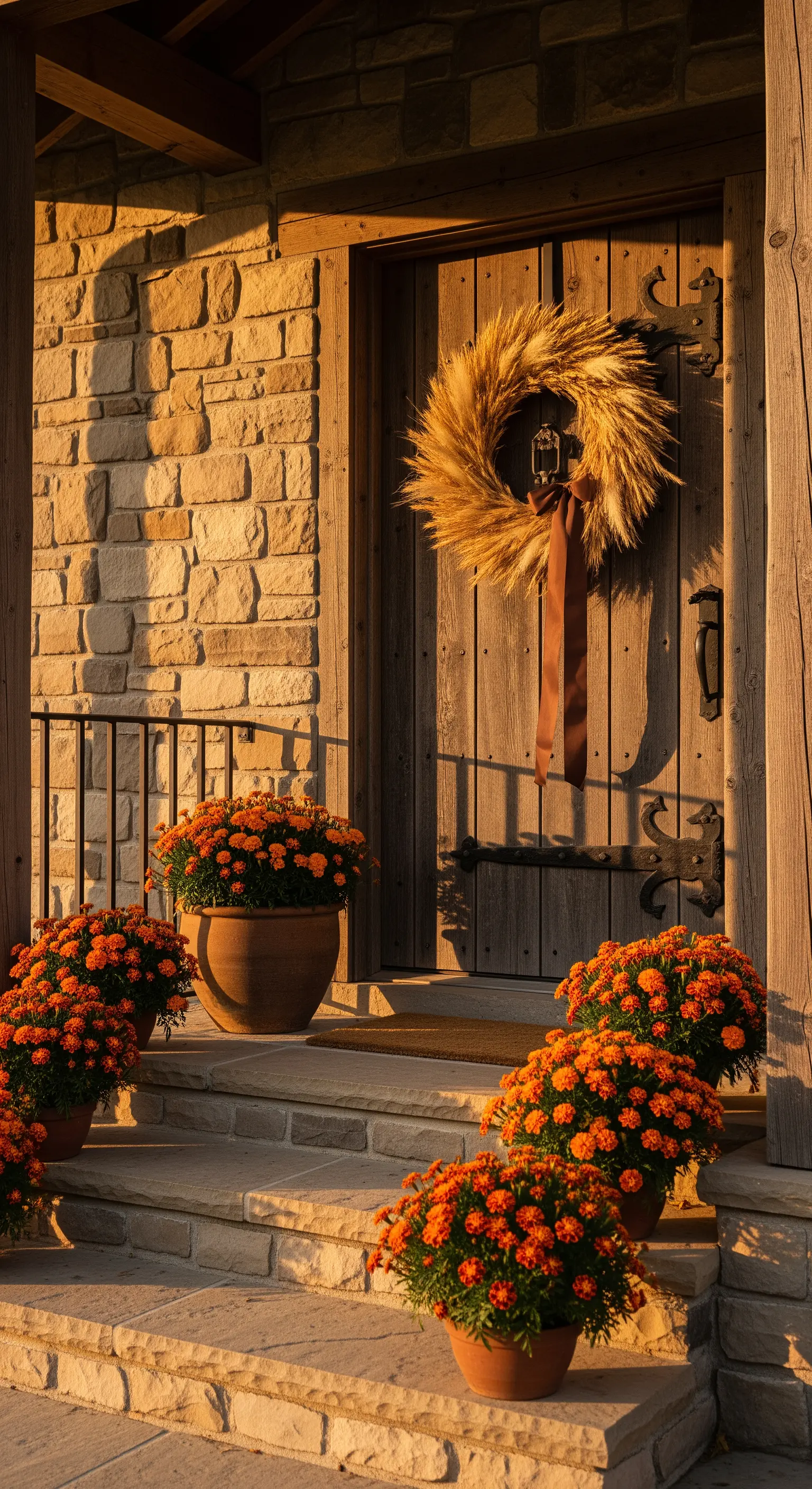 Weizenkranz an rustikaler Holztür, orangefarbene Studentenblumen in Terrakottatöpfen