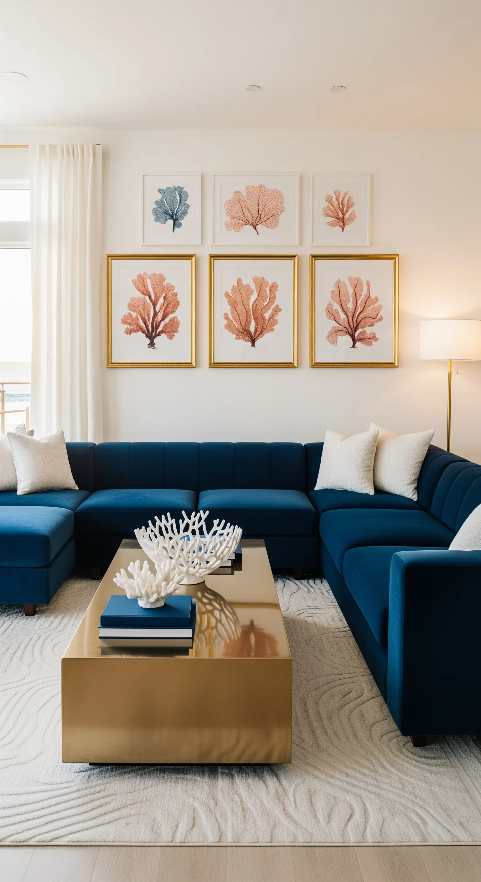 Blaues Samtsofa, goldener Couchtisch, Korallen-Deko und goldgerahmte Korallenkunst.
