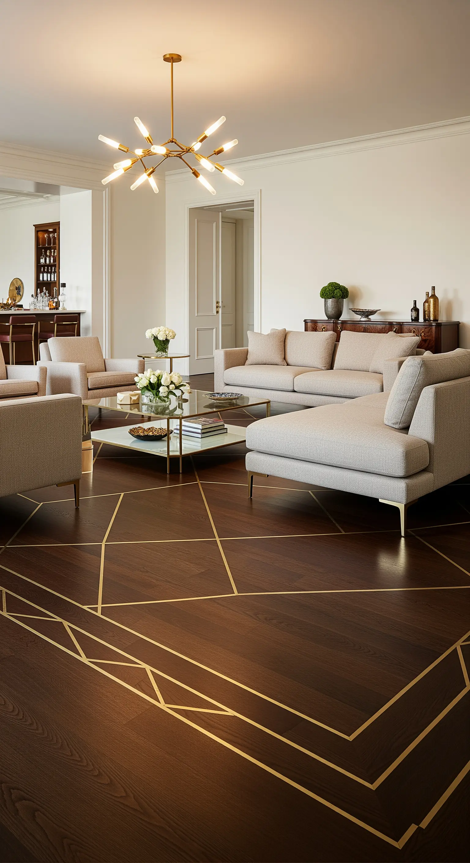 Dunkler Holzboden mit eingelegten, geometrischen Linien aus glänzendem Gold.