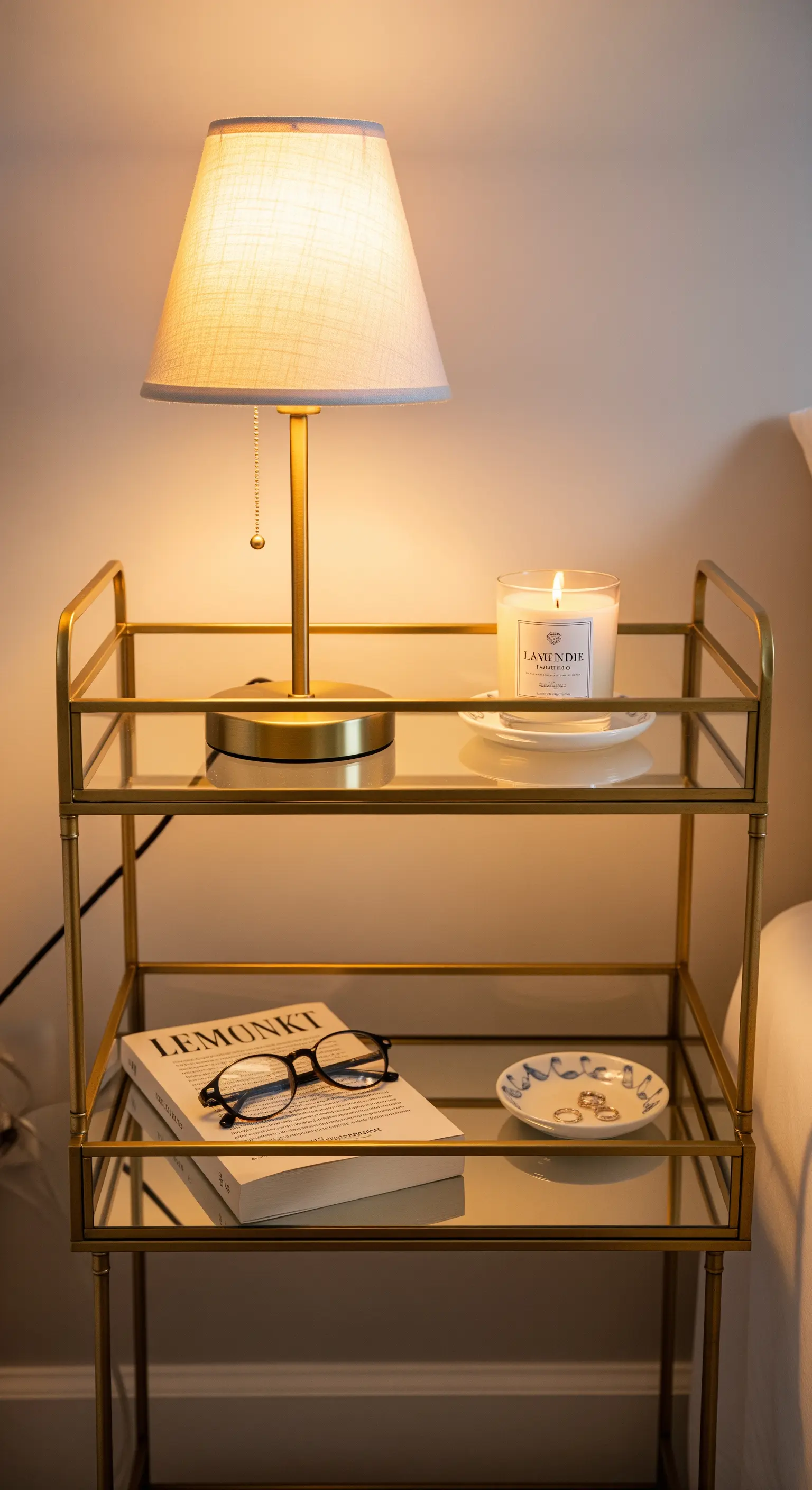 Goldene Glas-Etagere als eleganter Nachttisch mit Lampe und Buch.