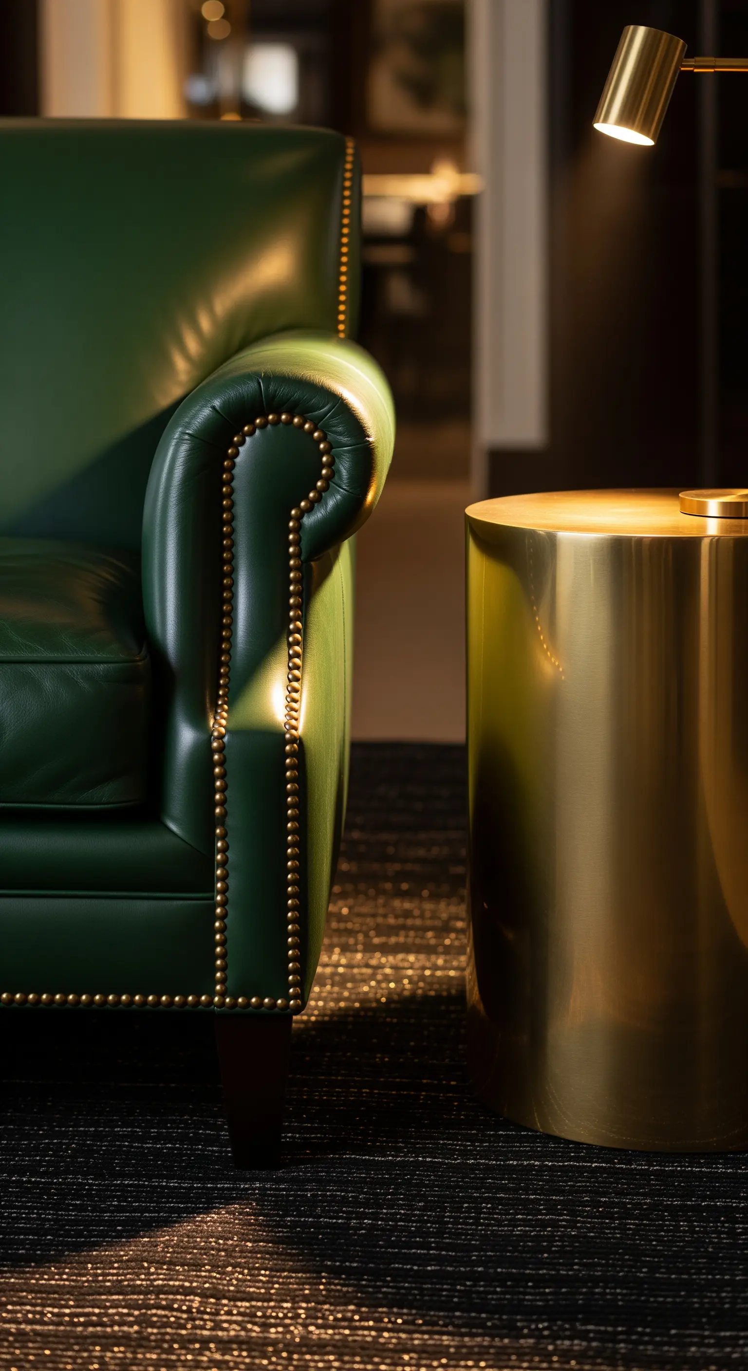 Grüner Ledersessel mit goldenen Nieten, Messing-Zylinder als Beistelltisch