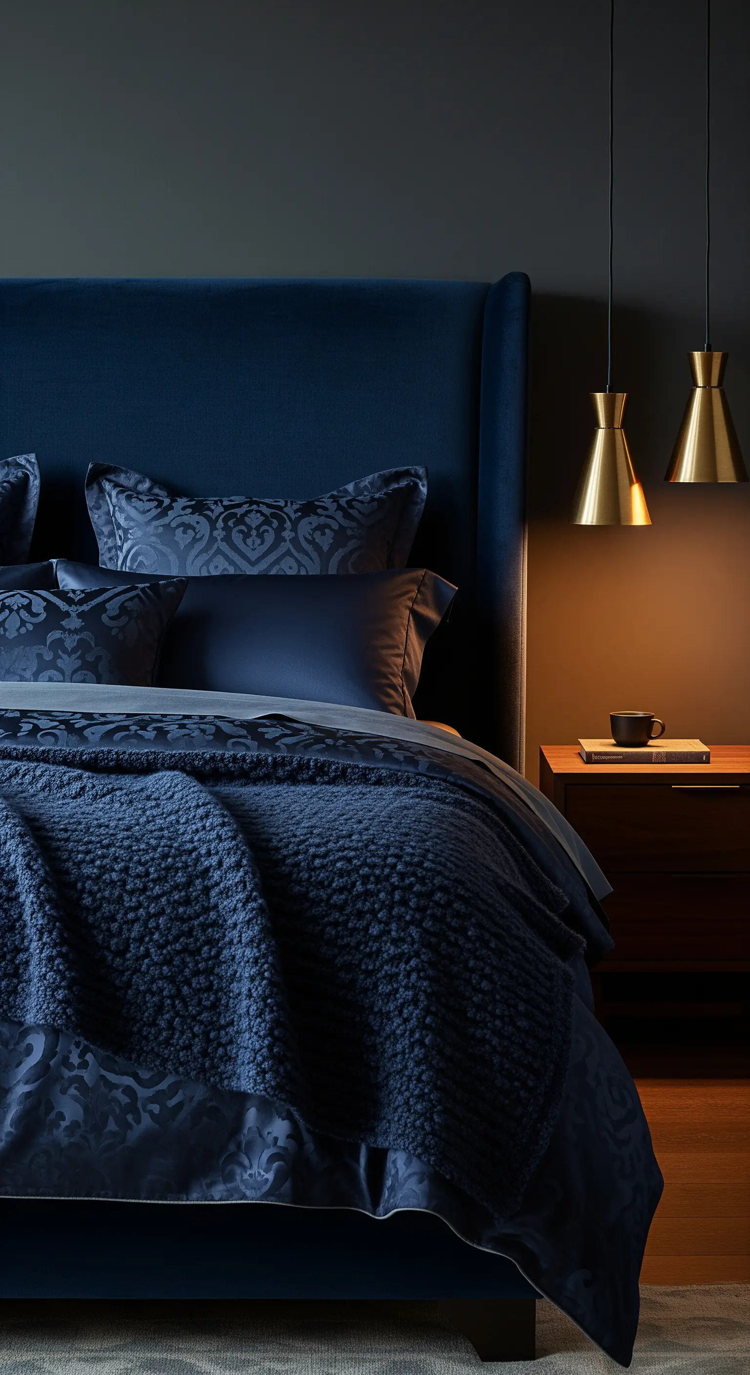 Goldene Pendelleuchten über Nachttisch in Nachtblau