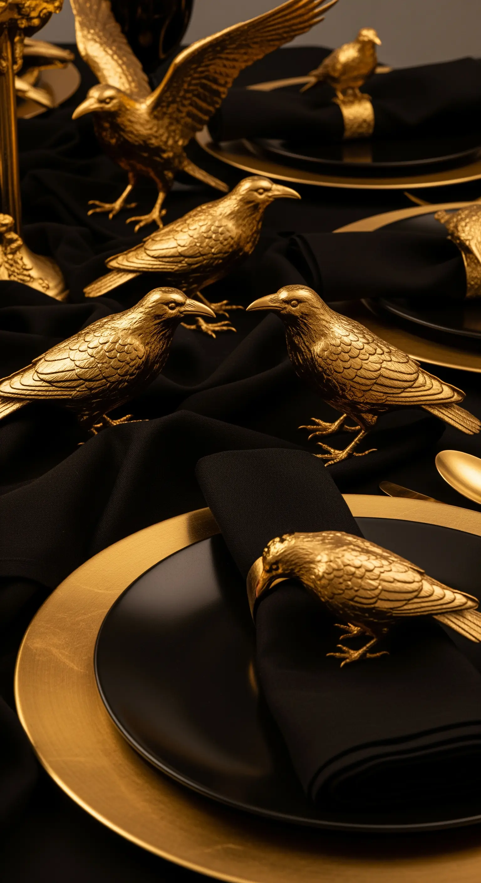 Elegante Halloween Tischdeko in Schwarz und Gold mit Rabenfiguren