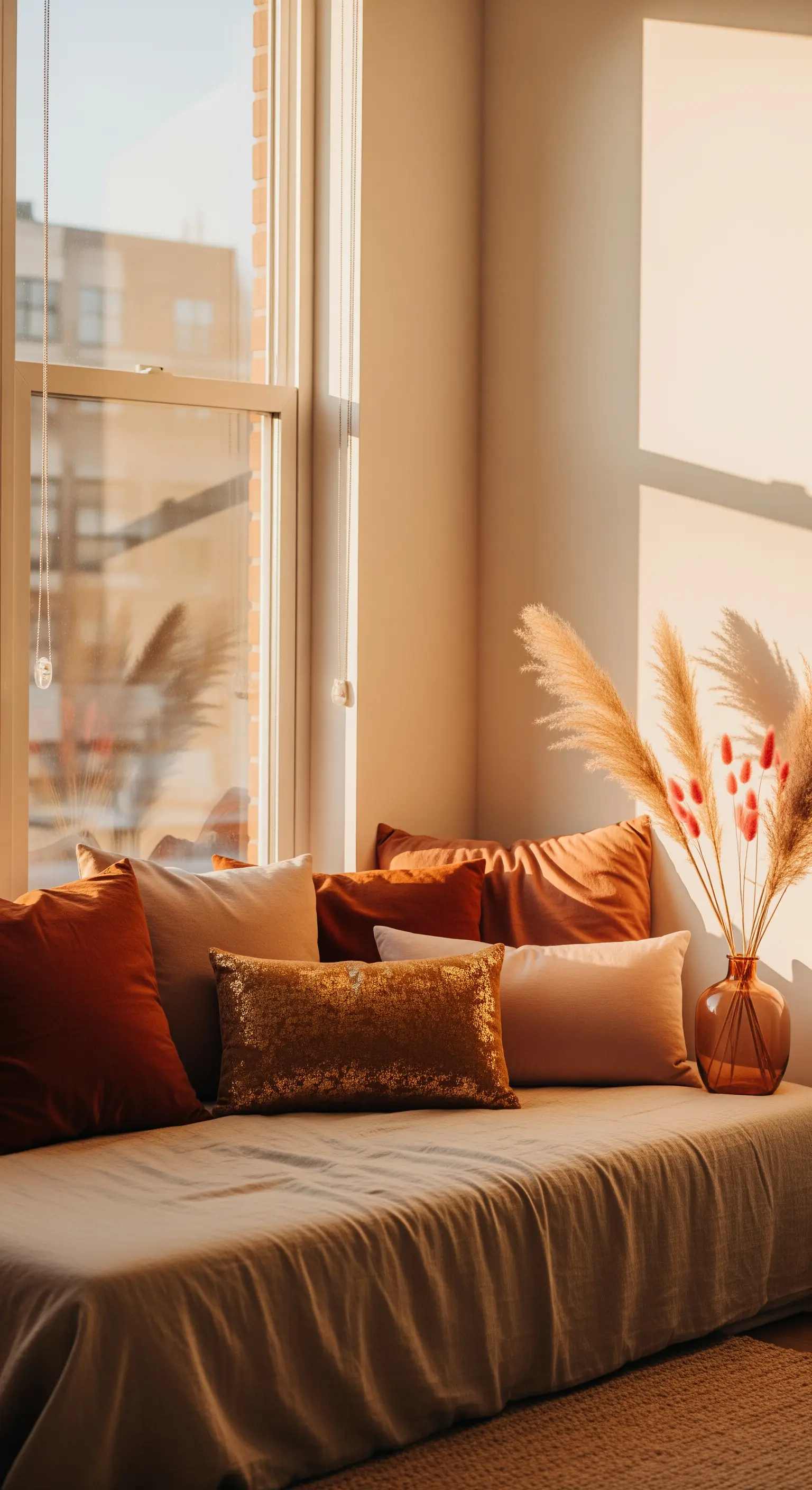 Sonnendurchflutete Fensterbank mit Kissen in Erdtönen, einem goldenen Paillettenkissen und Pampasgras.