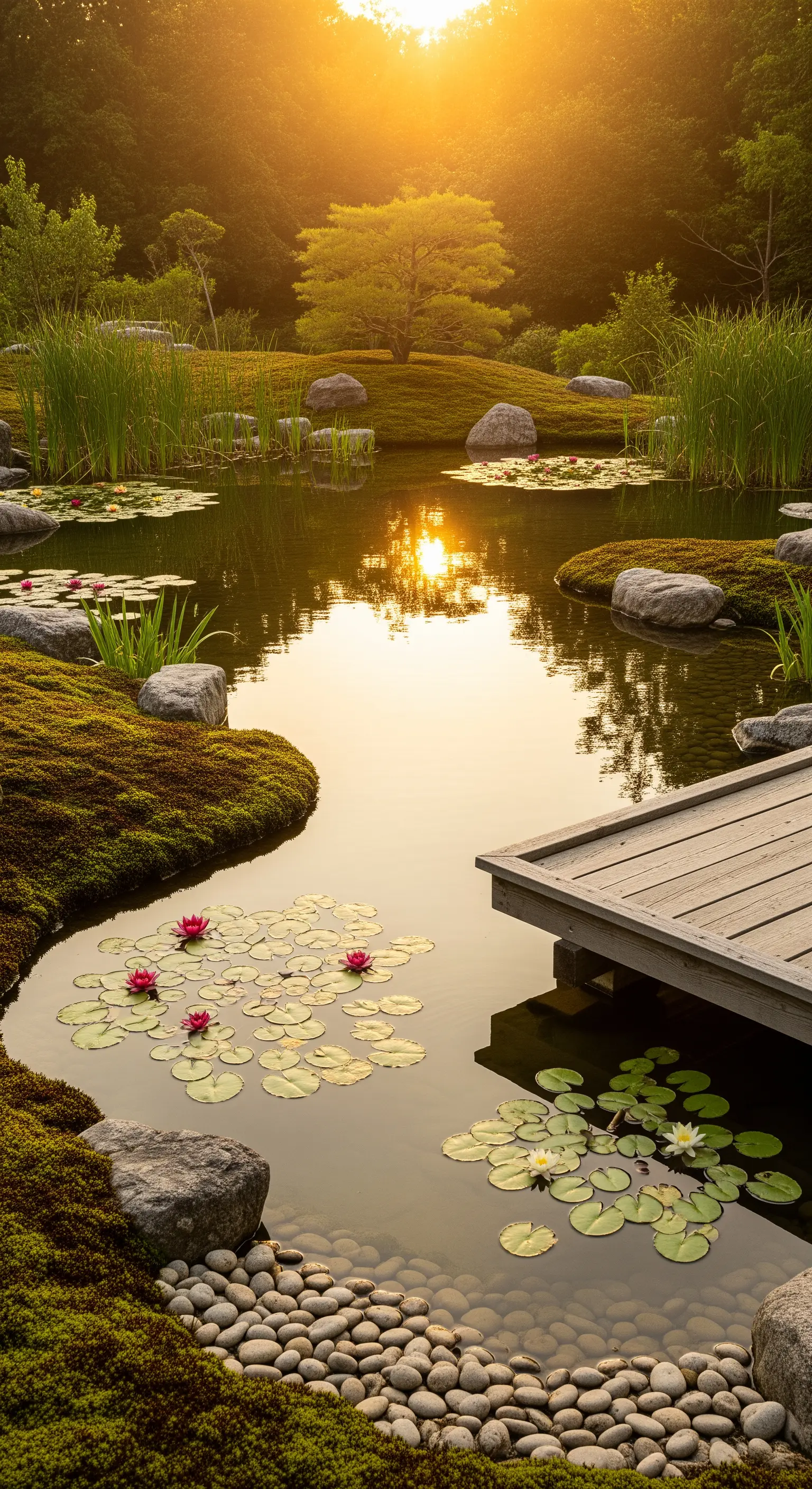 Natürlicher Teich mit Seerosen und Moosufern im warmen Licht des Sonnenuntergangs.