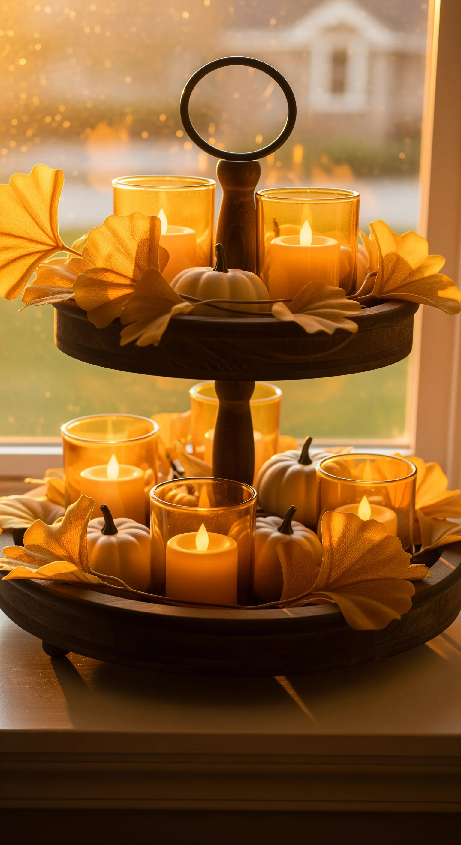 Herbst-Etagere im warmen Abendlicht mit Kerzen und Ginkgo-Blättern.