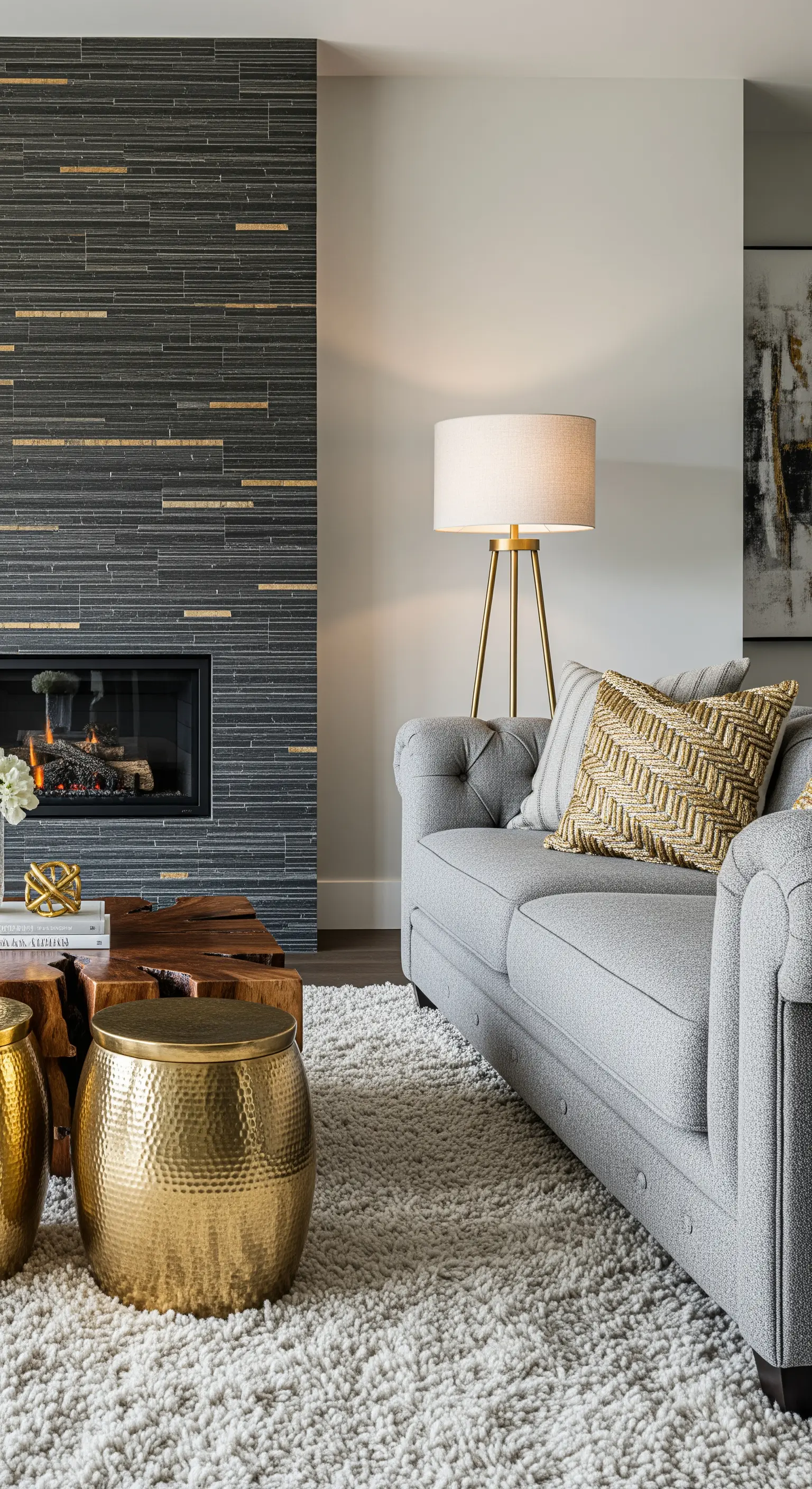 Graues Sofa mit einem golden gemusterten Kissen, daneben zwei goldene Beistelltische.