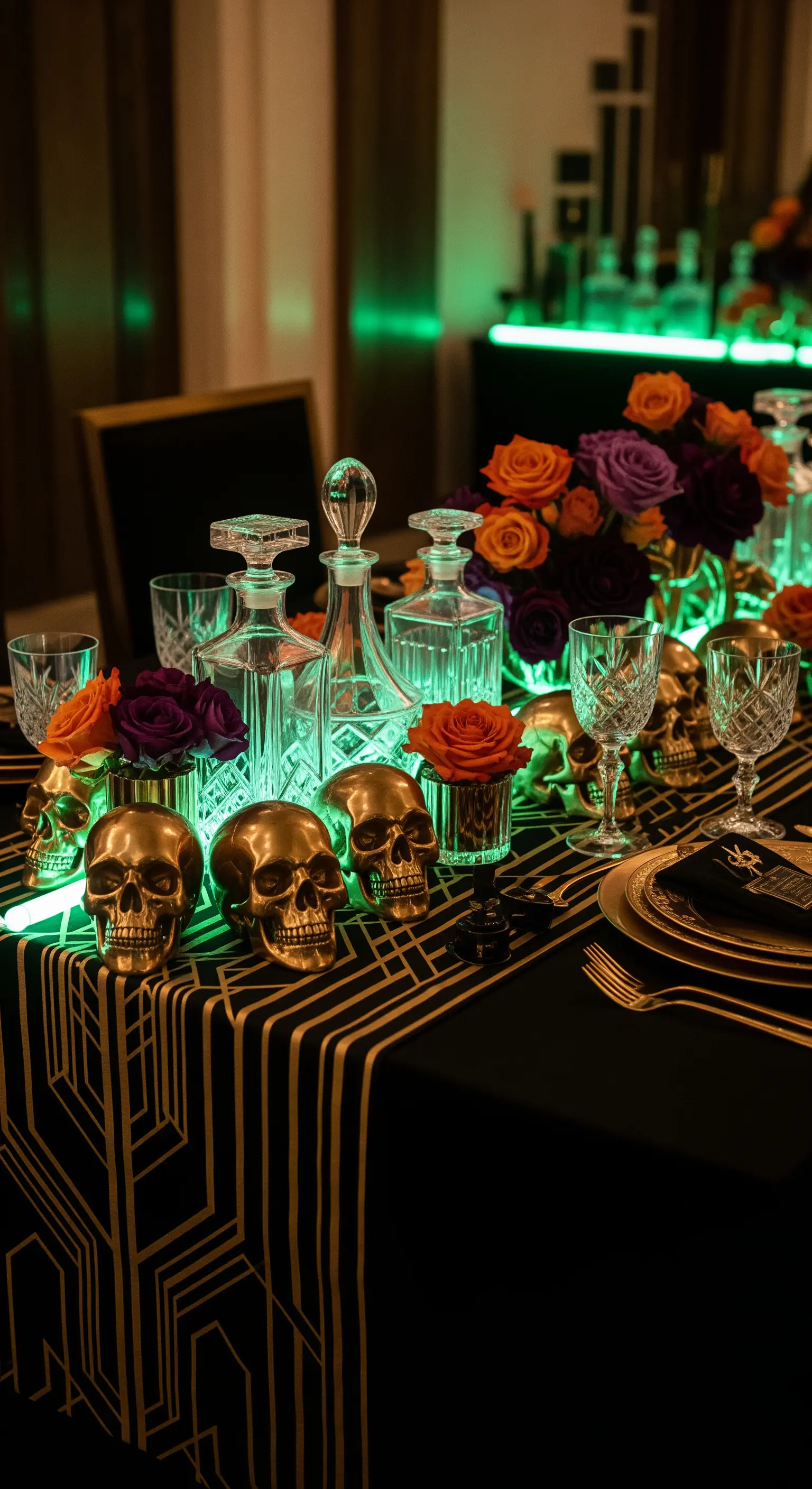 Moderne Halloween Tischdeko mit goldenen Totenköpfen, Neonlicht und Art-déco-Muster