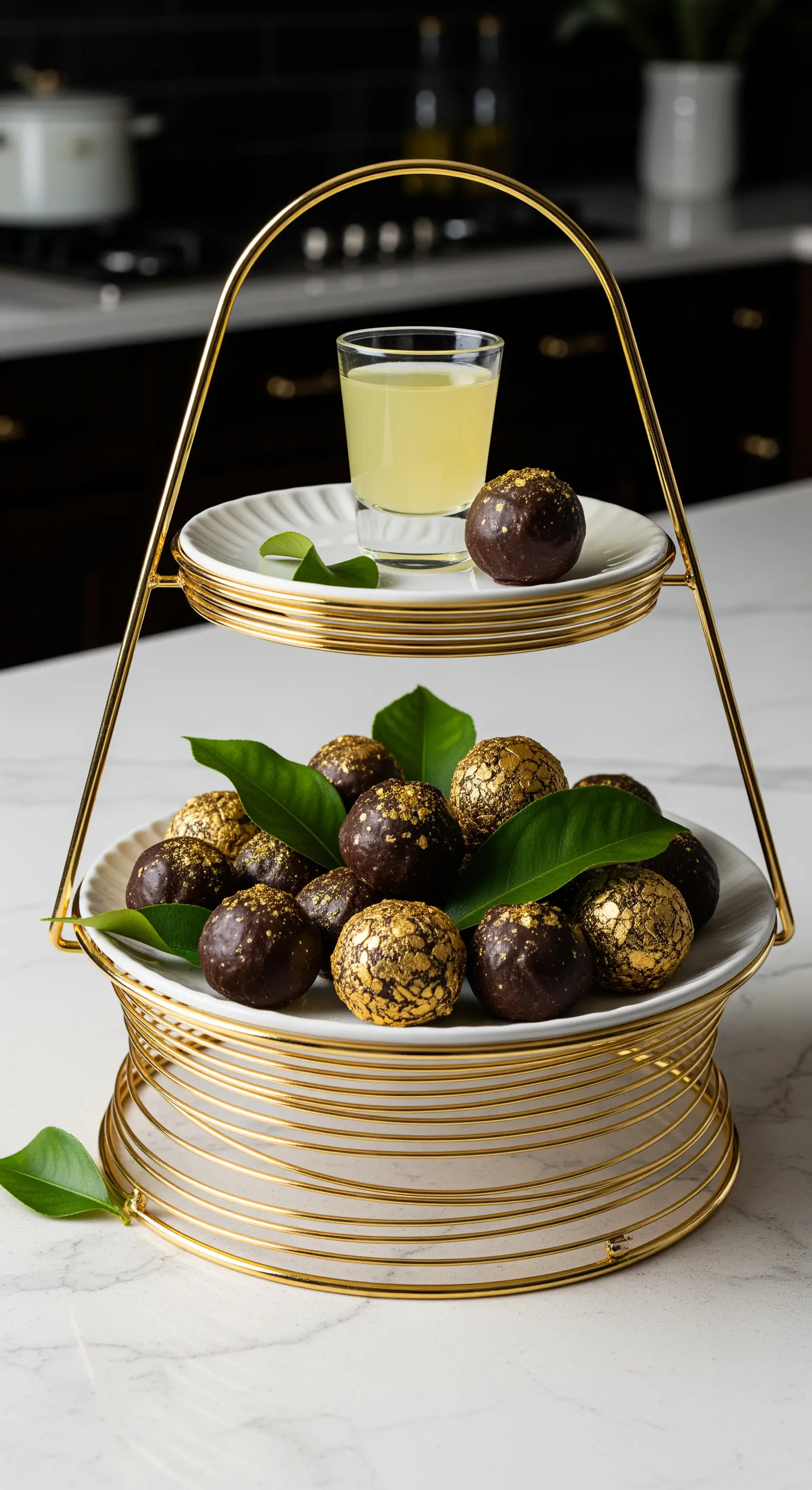 Goldene Etagere mit weißen Tellern, dekoriert mit Schokopralinen und einem Glas Limoncello.