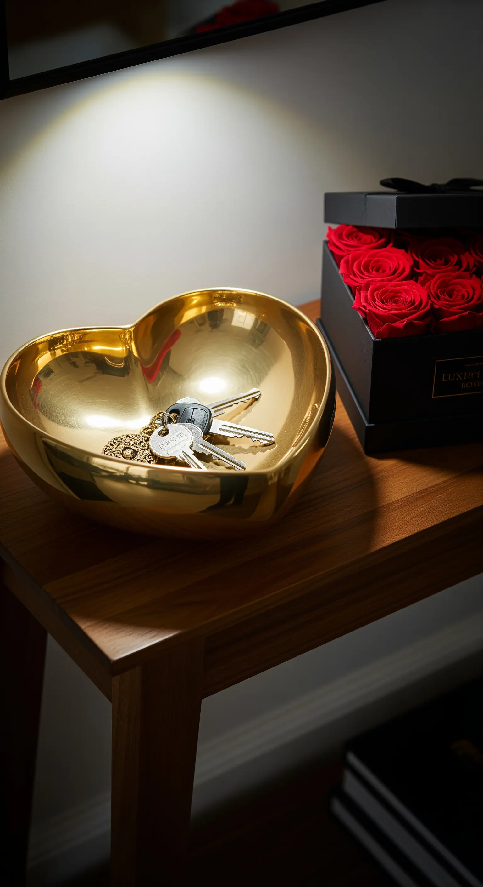 Beistelltisch mit goldener Herzschale, Schlüsseln und Rosenbox.