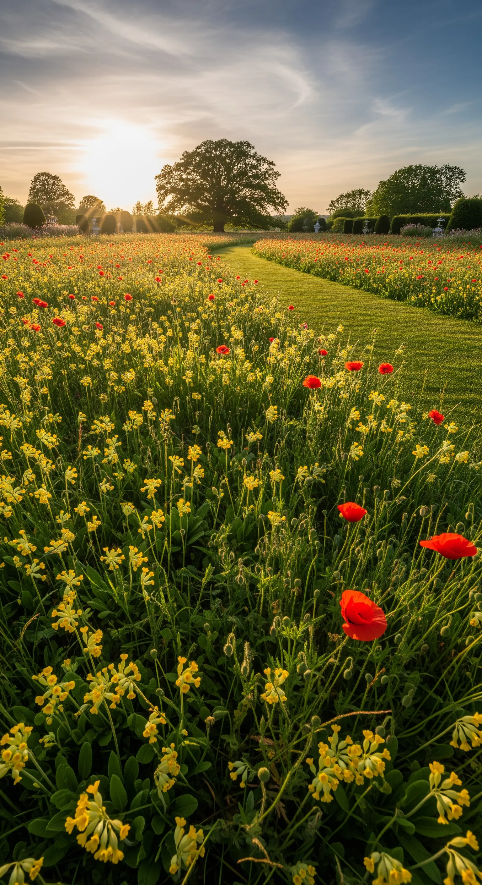 Gewundener Rasenpfad durch eine Wildblumenwiese mit Primeln und Mohnblumen bei Sonnenuntergang