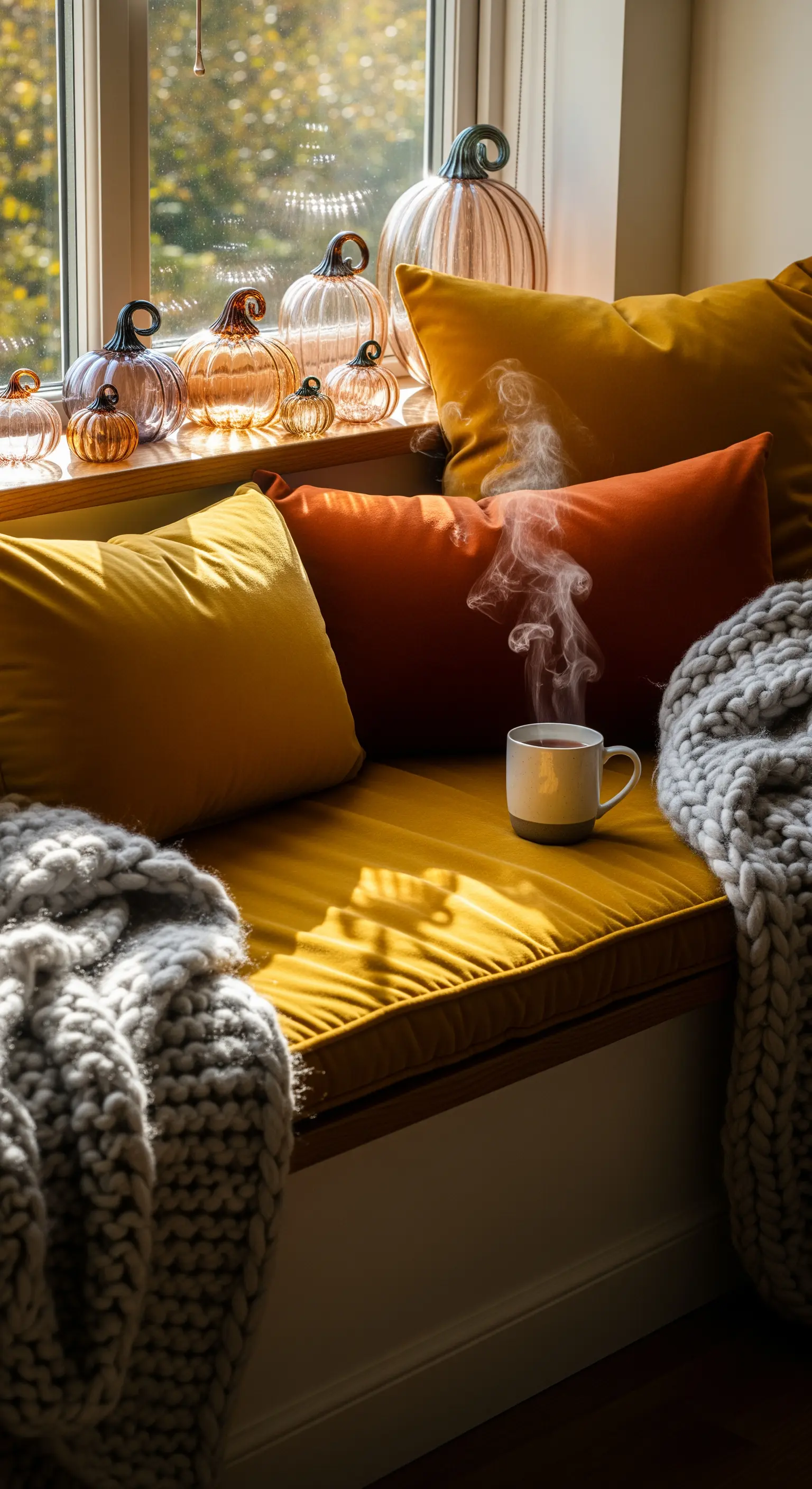 Herbstliche Fensterbank-Deko mit Glaskürbissen, gelben Kissen und Strickdecke