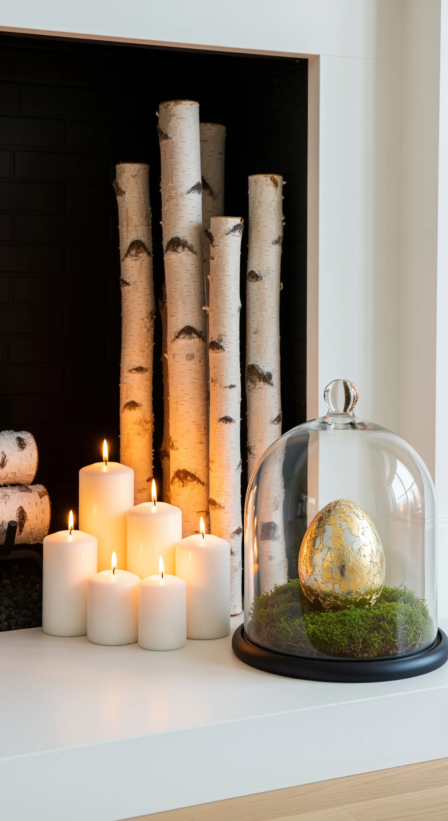 Elegante Kamin-Deko mit Kerzen, Birkenstämmen und einem goldenen Ei unter Glasglocke.