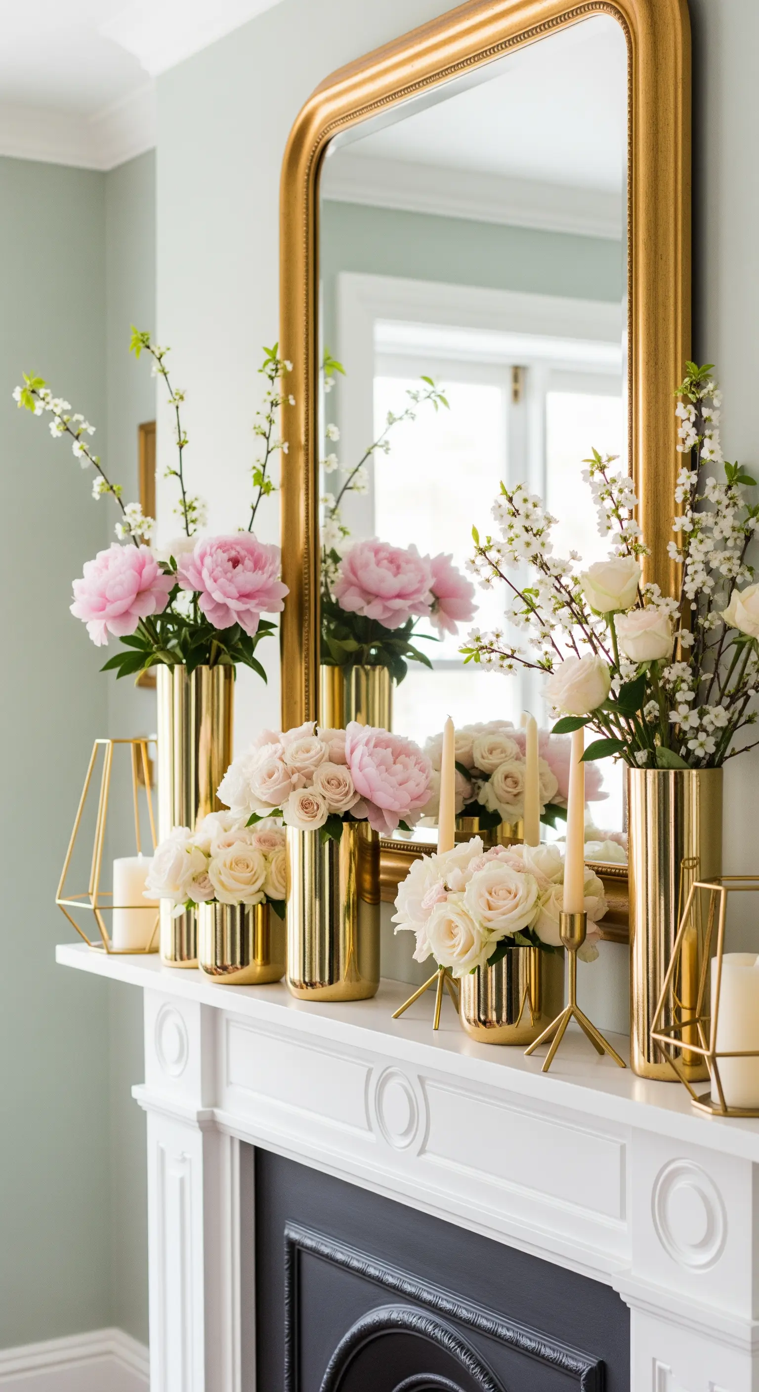 Elegante Kamin-Deko mit rosa Pfingstrosen in goldenen Vasen und Kerzenhaltern.