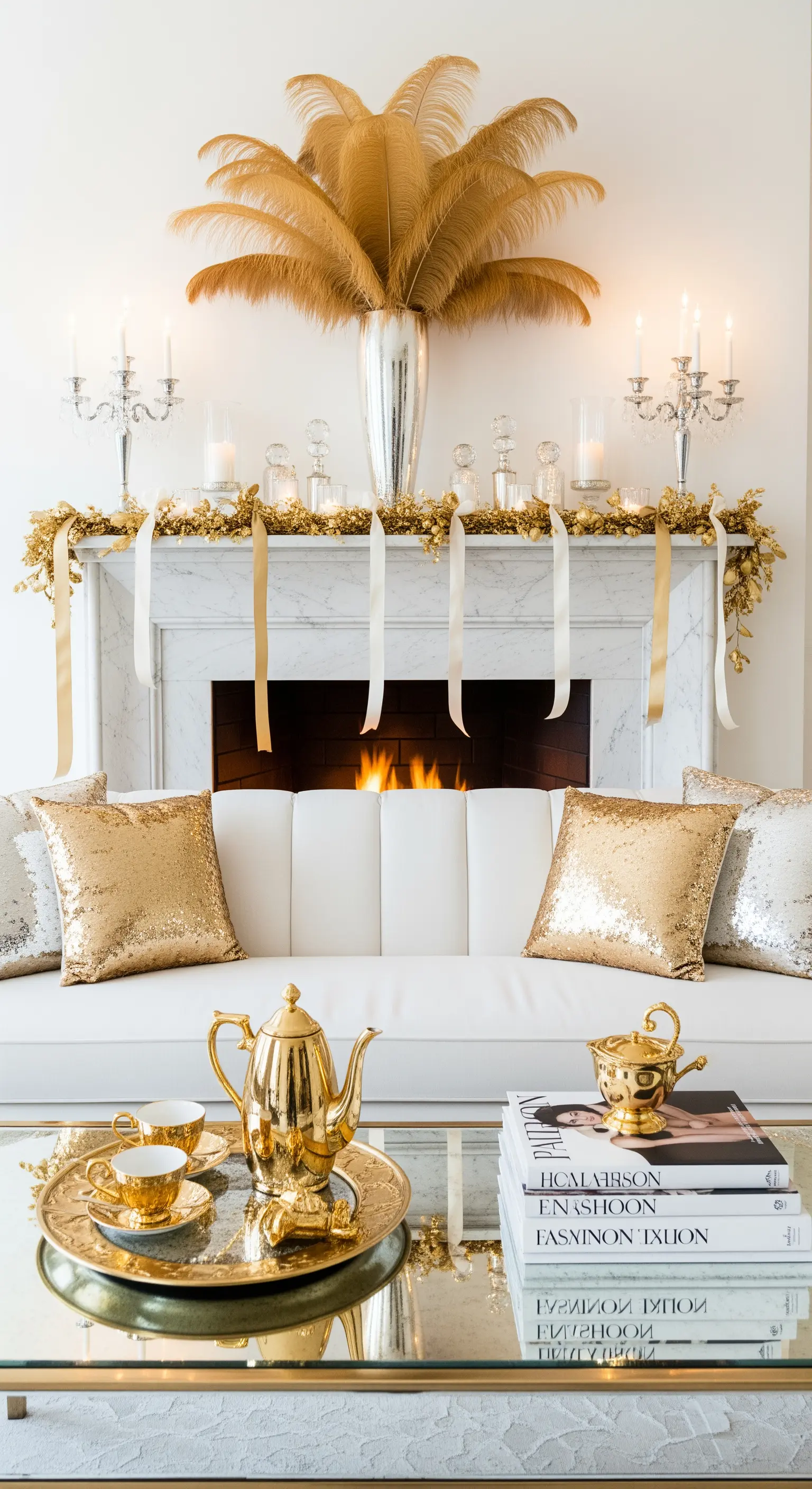 Weißer Marmorkamin mit goldenen Palmwedeln, Silberkerzen und Paillettenkissen, Art Déco Glamour.