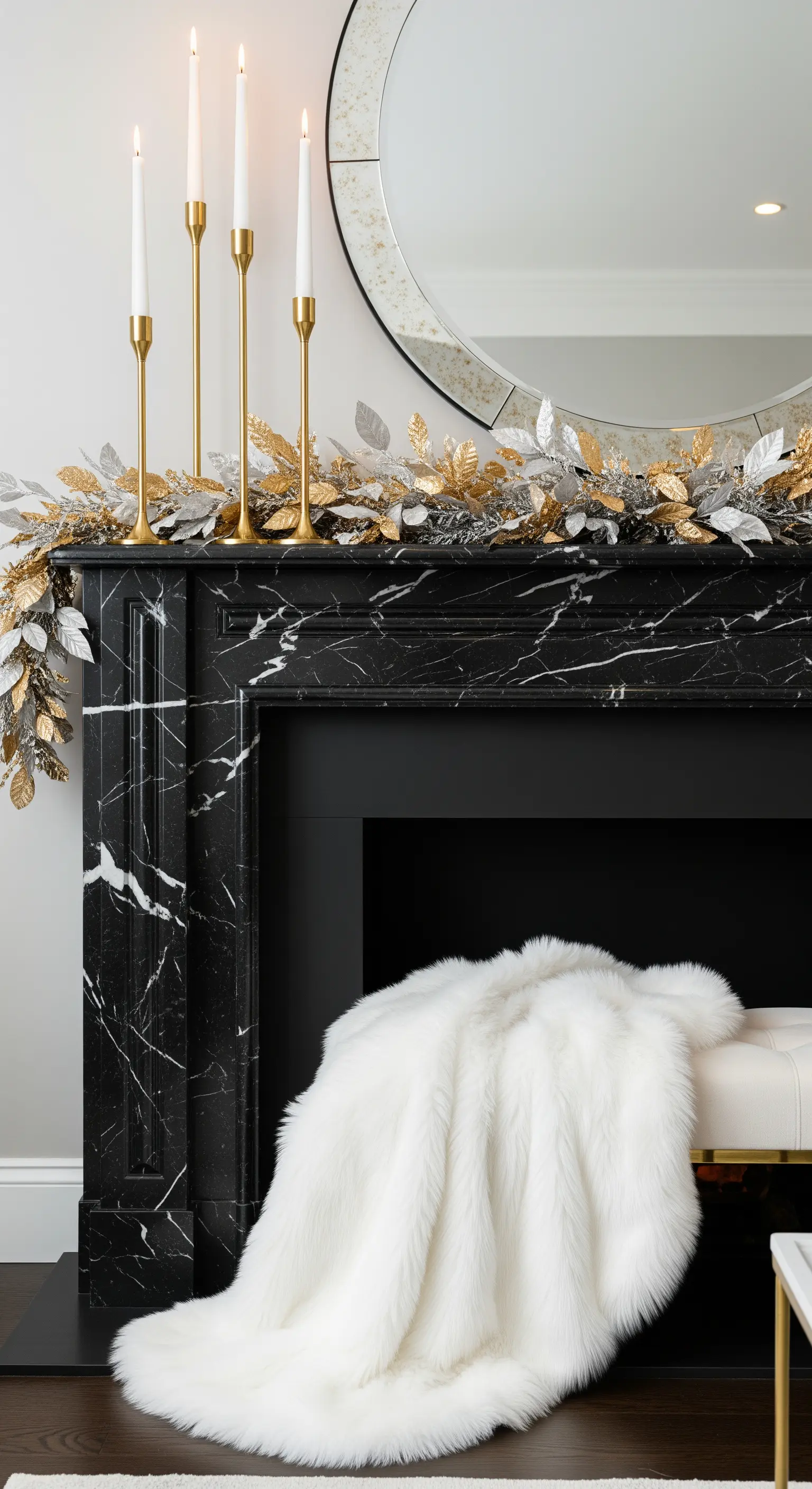 Schwarzer Marmorkamin mit Gold-Kerzenleuchtern und einer silber-goldenen Girlande.