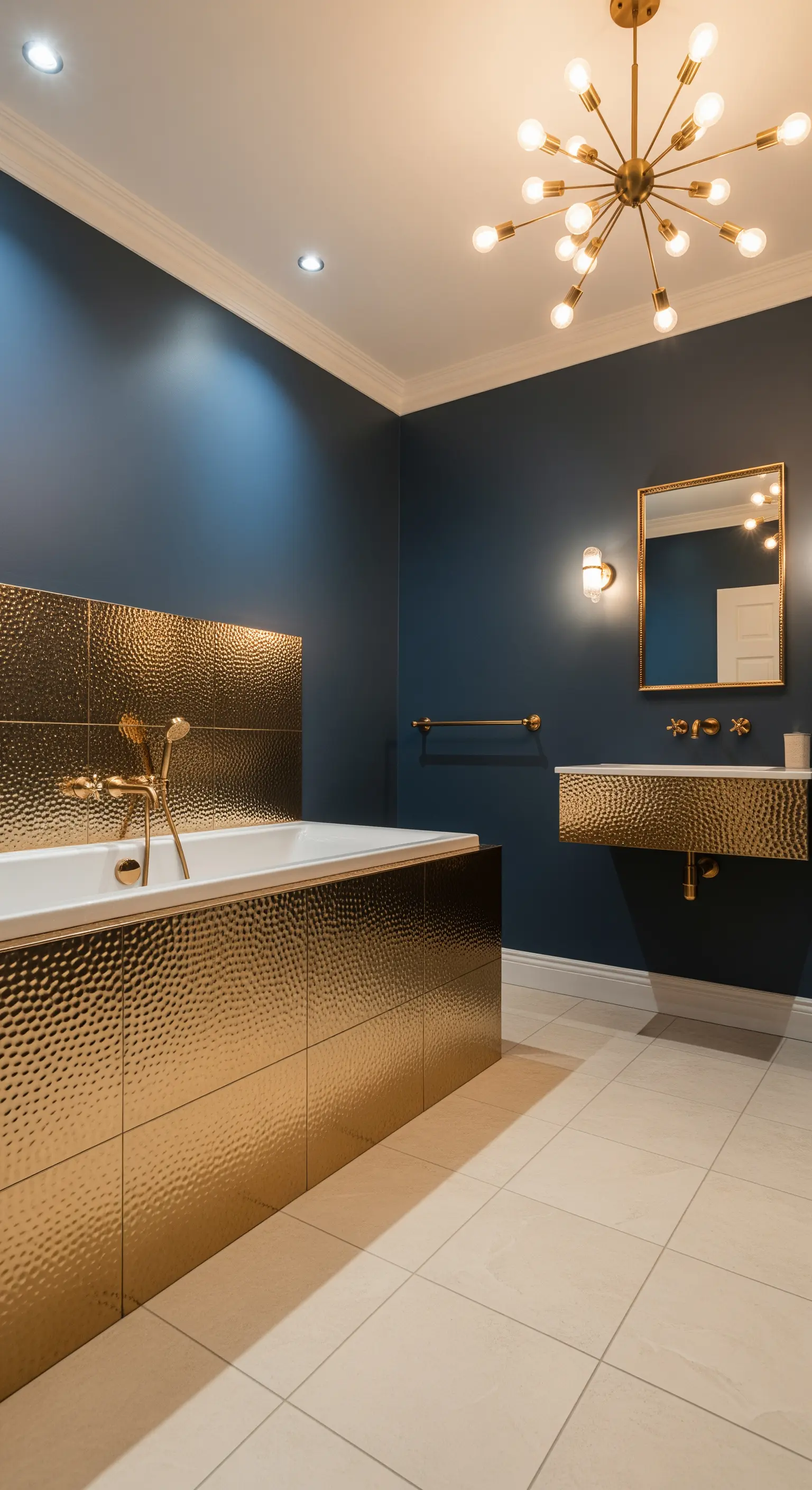 Badewannen-Podest verkleidet mit gehämmerten, goldenen Metallfliesen vor einer dunkelblauen Wand
