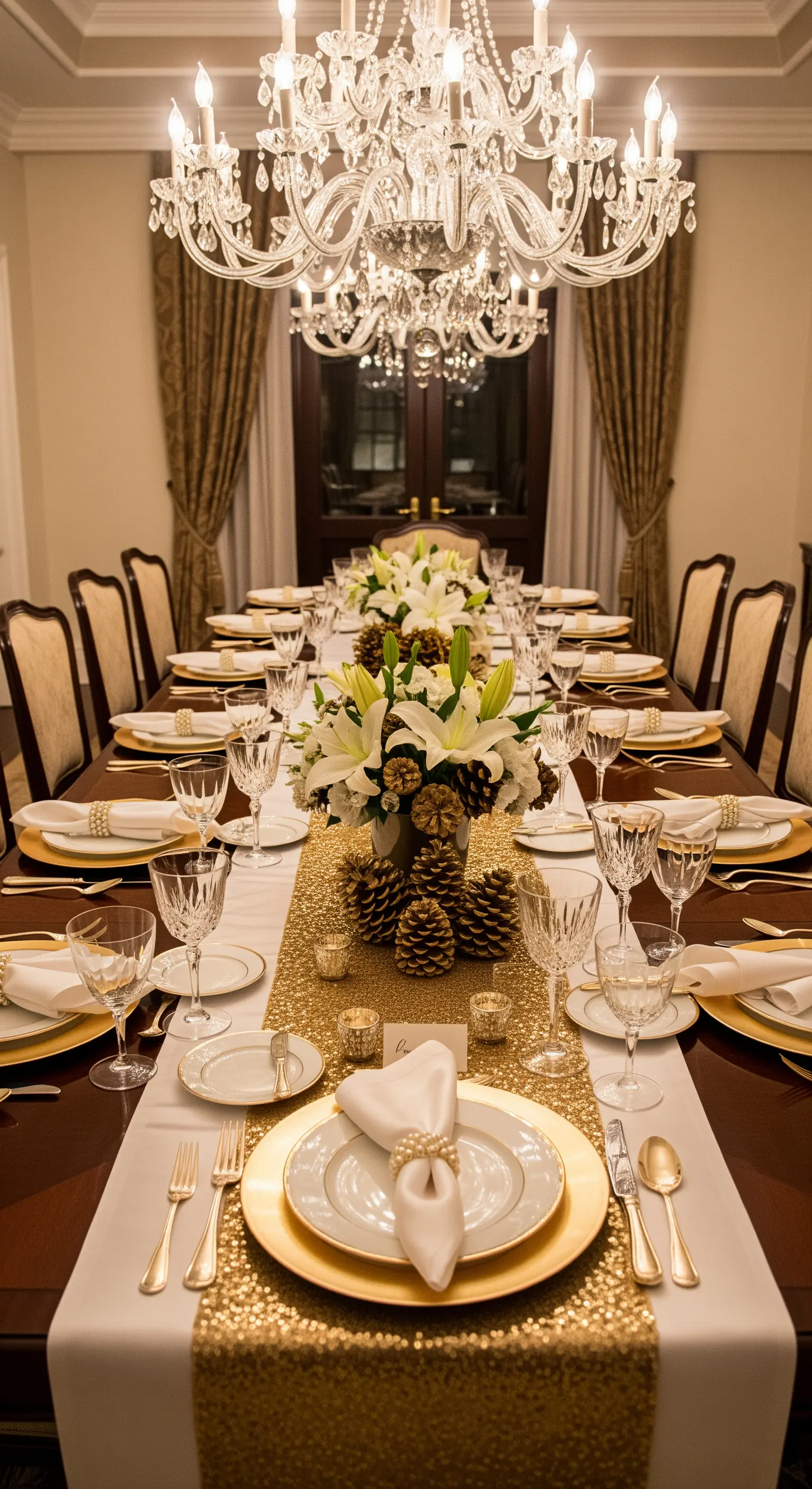 Lange Tafel mit gold-weißer Deko, glitzerndem Läufer und Blumen