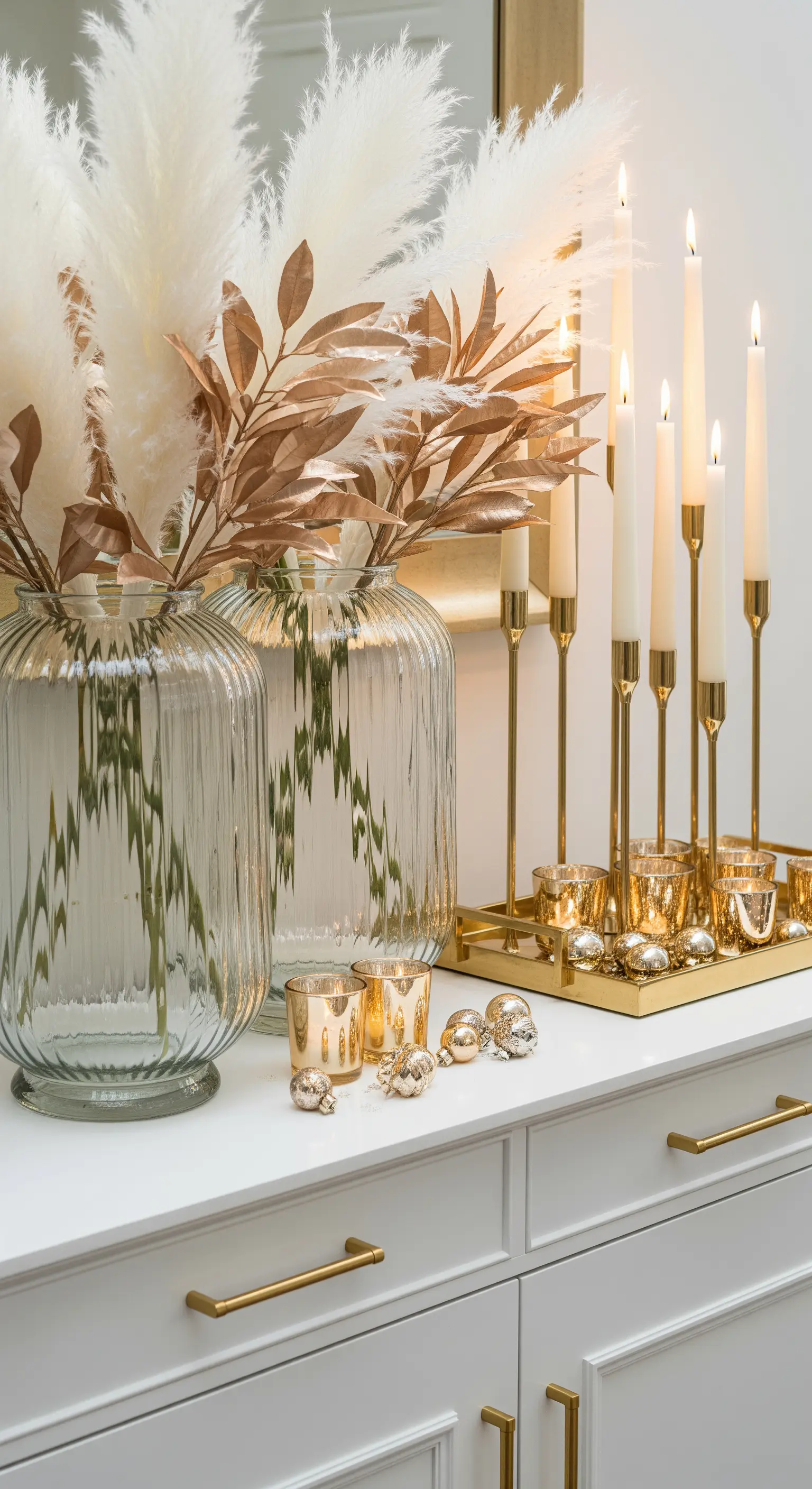 Goldene Weihnachtsdeko auf weißem Sideboard mit Pampasgras und Kerzen.