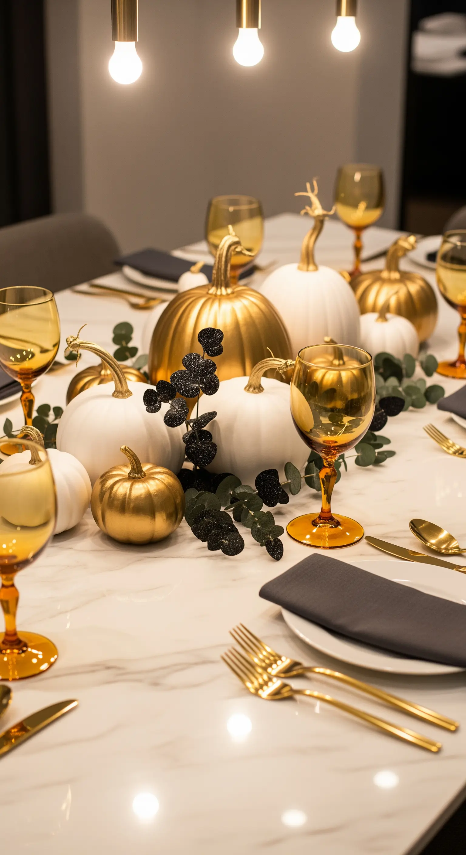 Elegante Halloween Tischdeko in Weiß und Gold mit Kürbissen und dunklem Grün