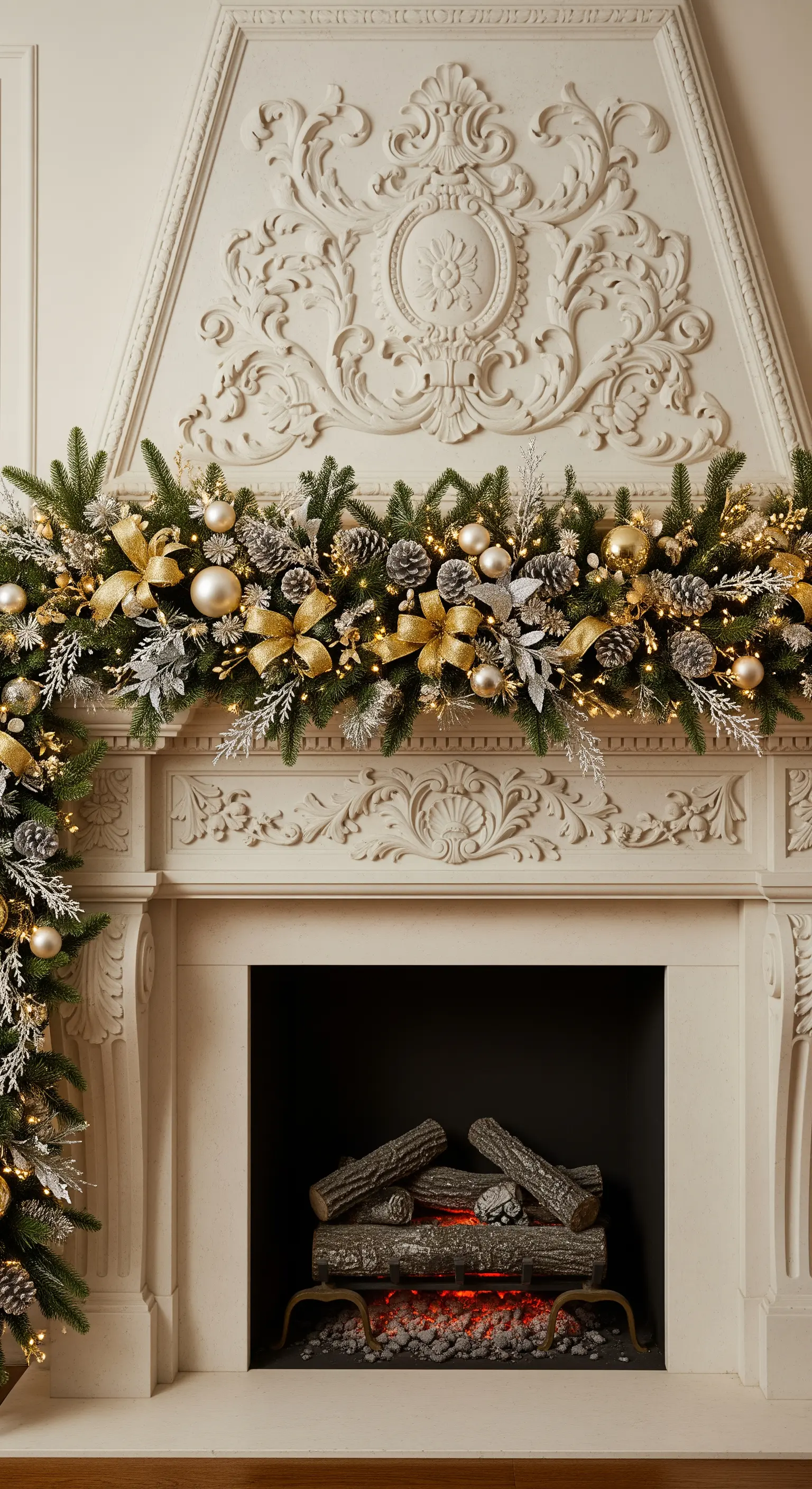 Üppige Gold-Girlande an einem reich verzierten Kamin für luxuriöse Weihnachtsdeko.