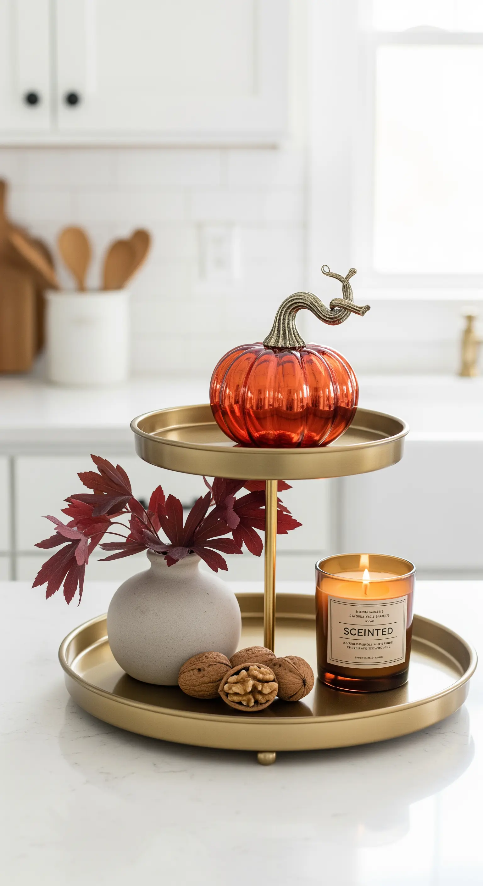 Goldene Etagere mit Glas-Kürbis, Kerze und Walnüssen
