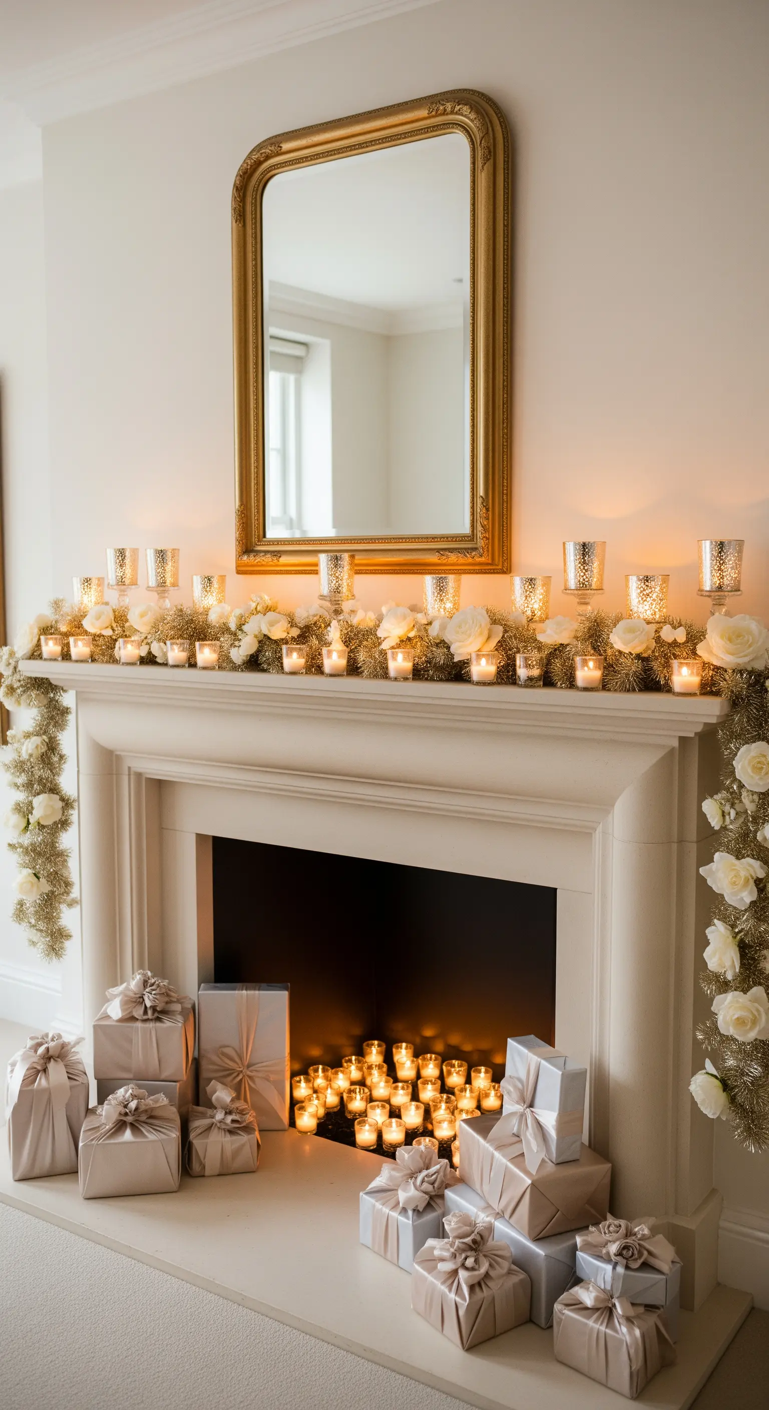 Weißer Kamin mit Goldspiegel, weiß-goldener Girlande, vielen Kerzen und eingepackten Geschenken