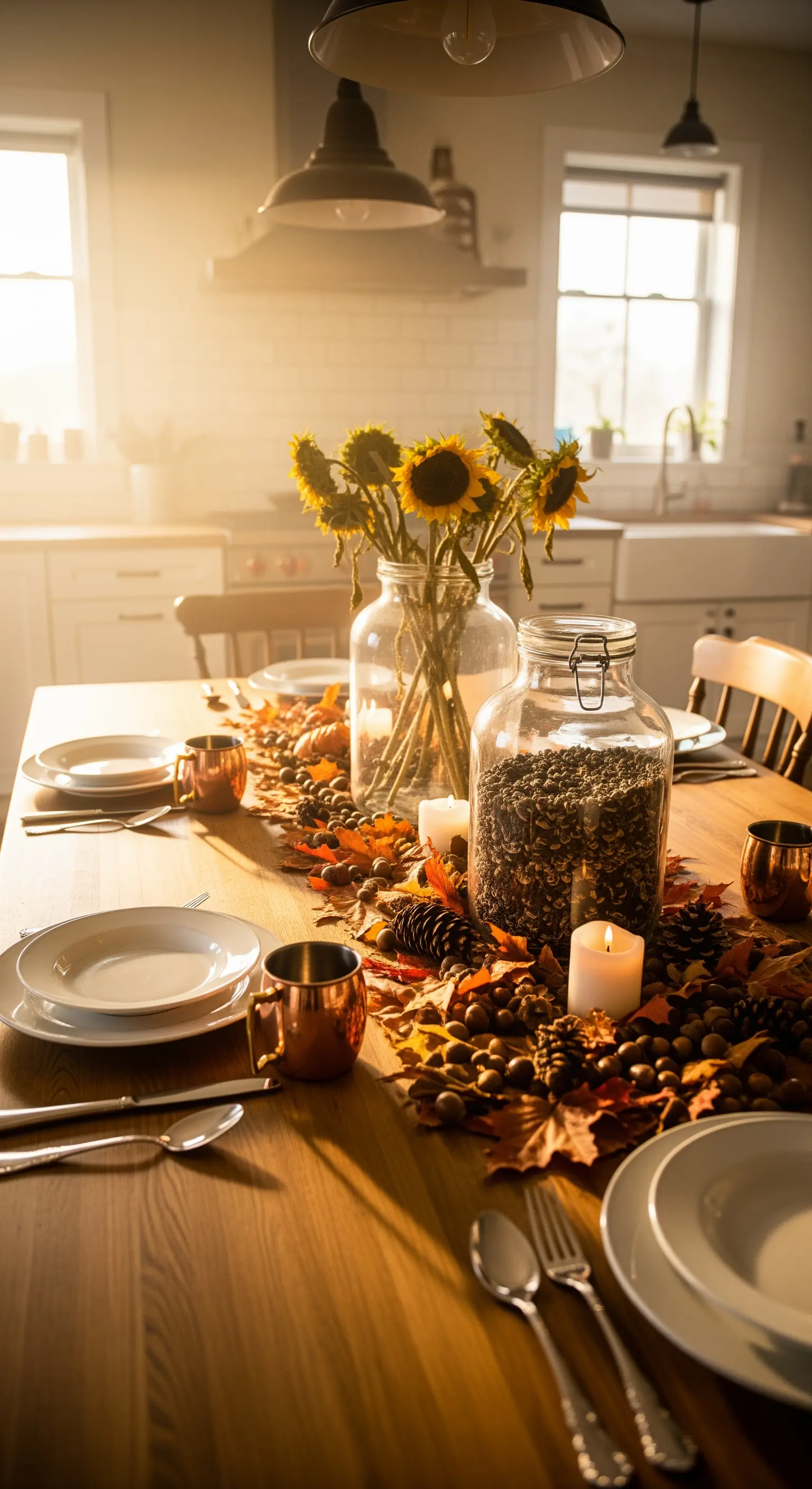 Sonnenblumen, Herbstlaub, Eicheln und Kupferbecher auf einem rustikalen Holztisch für herbstliche Gemütlichkeit.