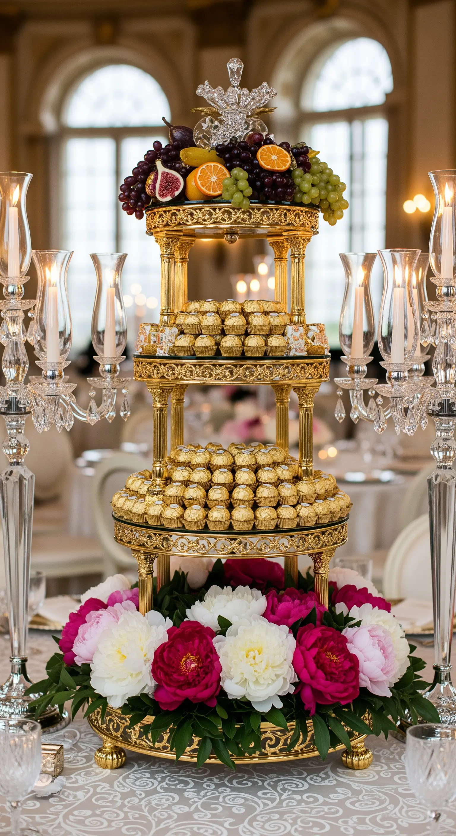 Prunkvolle, goldene Etagere, überreich gefüllt mit Pralinen und dekoriert mit Pfingstrosen.
