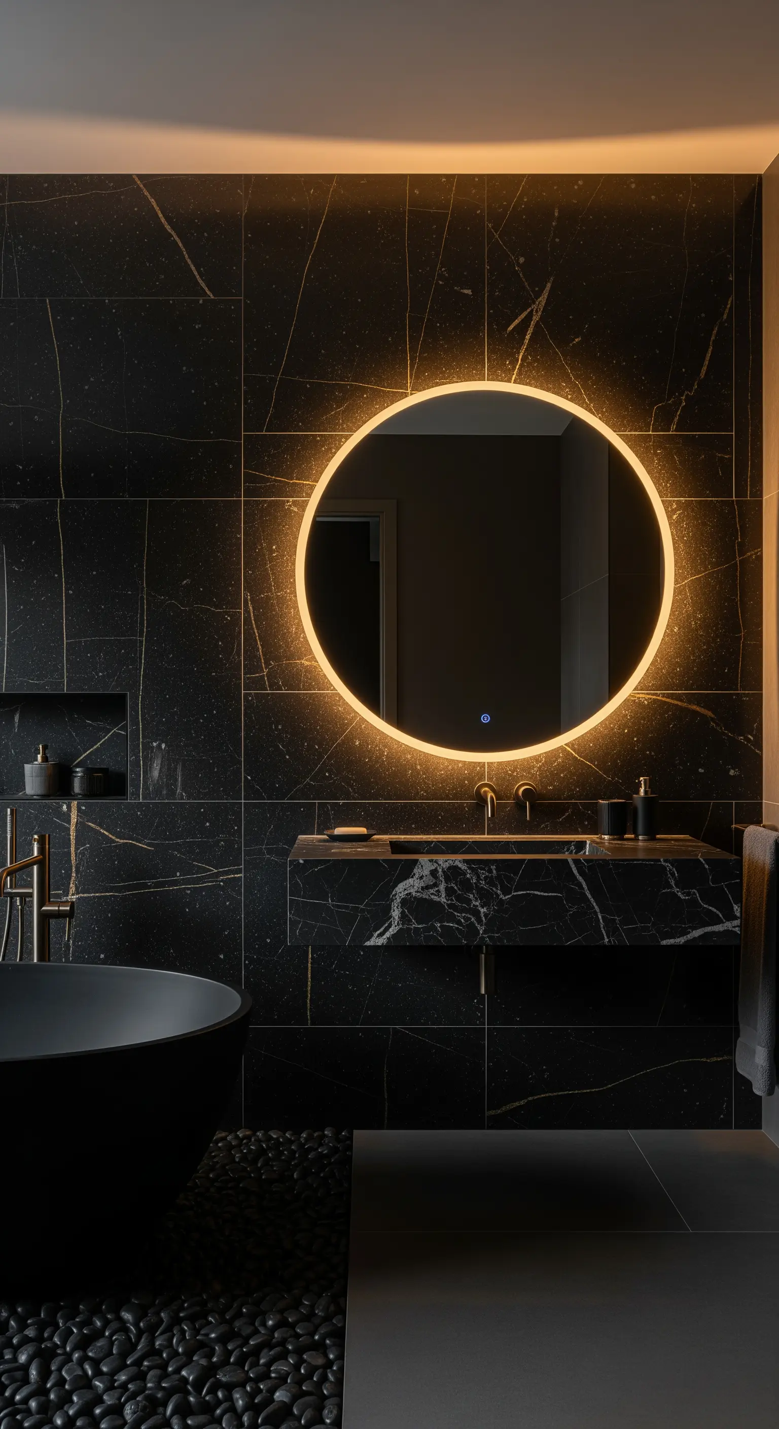 Runder LED-Spiegel mit warmem Licht vor einer Wand aus schwarzem Marmor mit Goldadern.