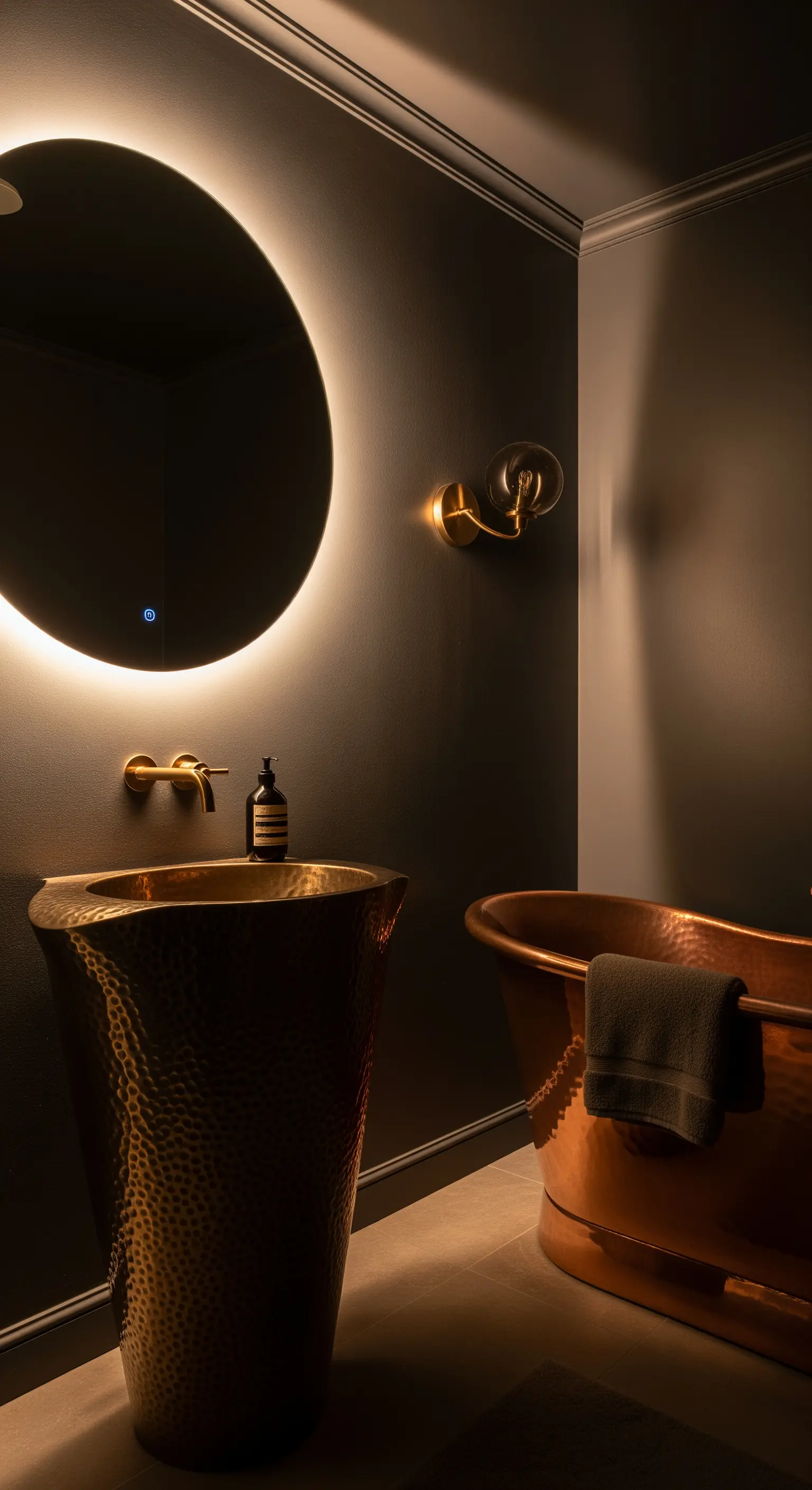 Freistehendes Waschbecken aus gehämmertem Gold-Metall in einem dunklen Raum.