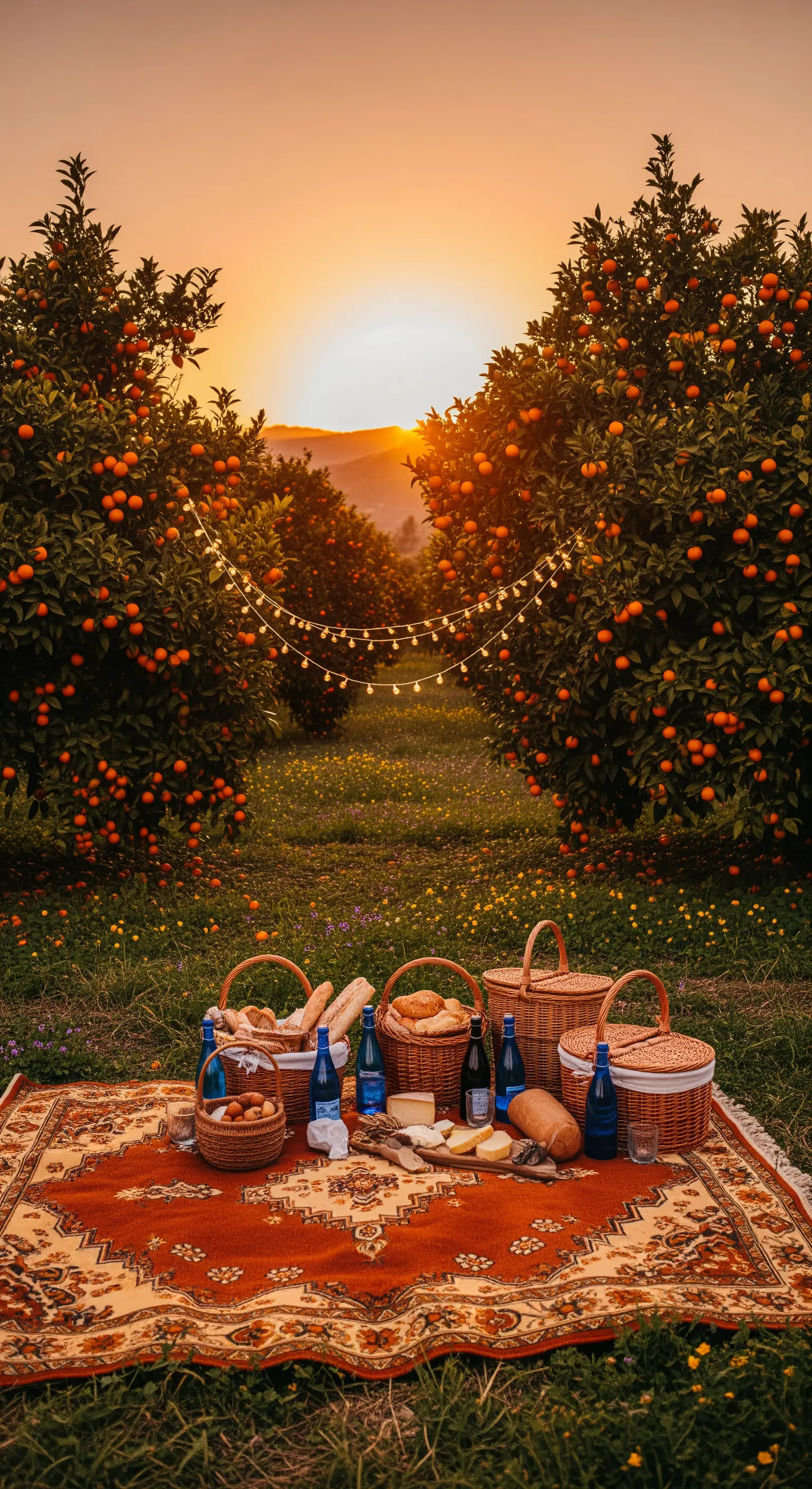 Picknick im Orangenhain bei Sonnenuntergang mit Teppich, Körben und Lichterketten