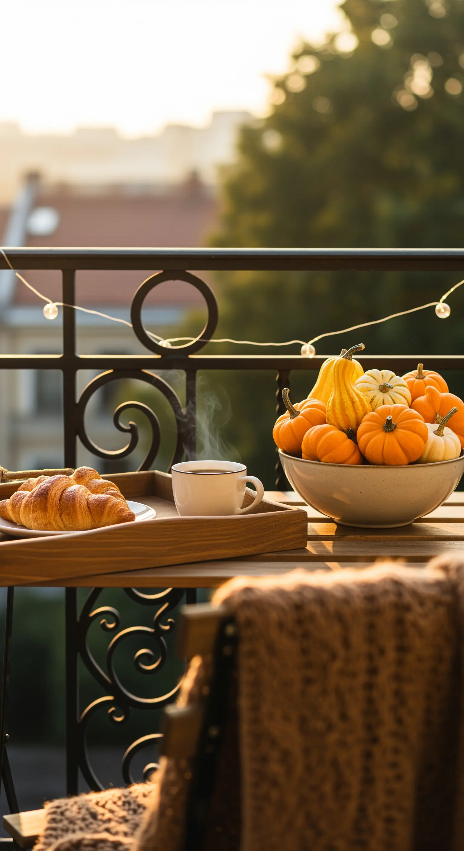 Balkonfrühstück mit Mini-Kürbissen, Croissant, Kaffee im Morgenlicht