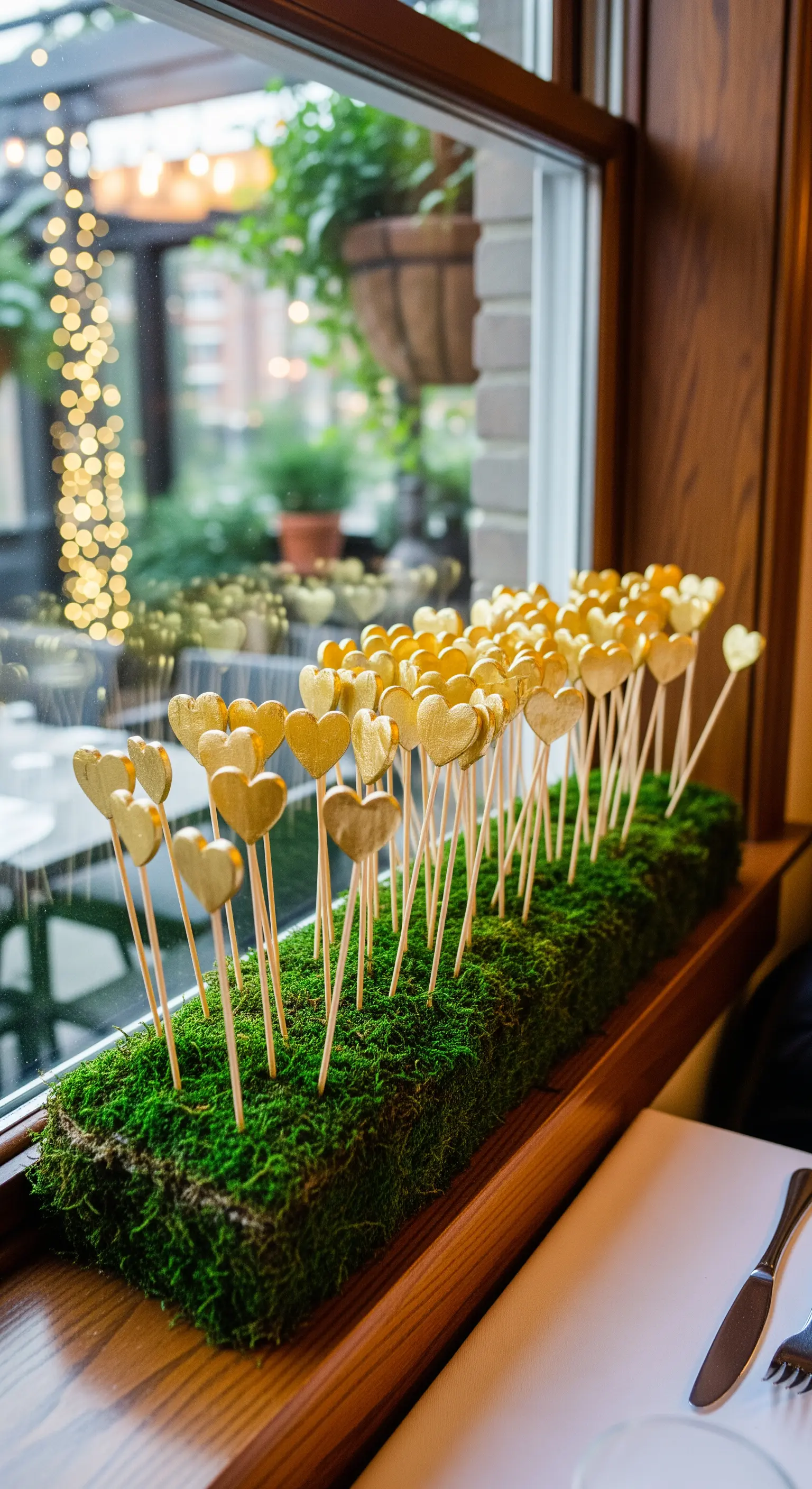Viele goldene Herz-Stecker in einem langen, mit Moos gefüllten Kasten auf einer Fensterbank.