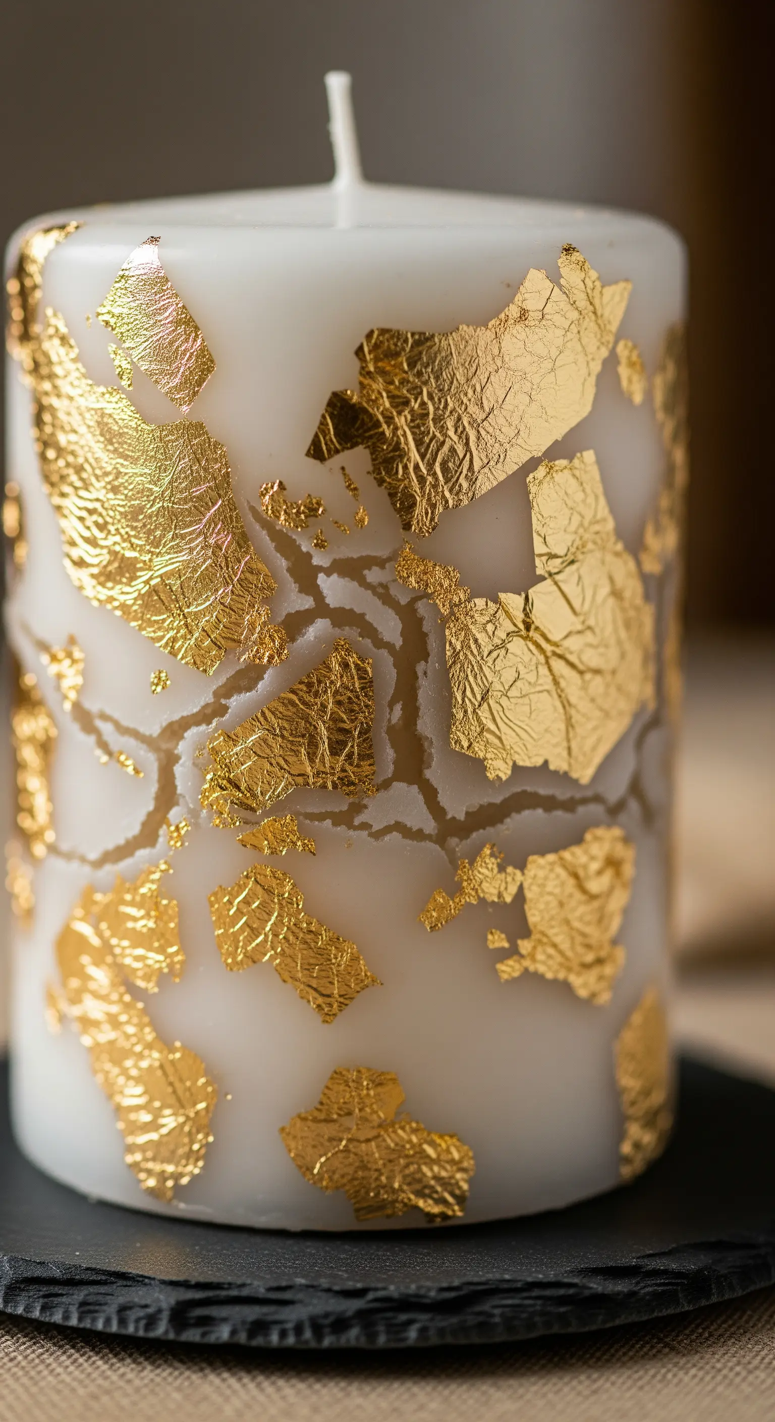 Nahaufnahme einer weißen Stumpenkerze, die mit unregelmäßigen Stücken Blattgold verziert ist.