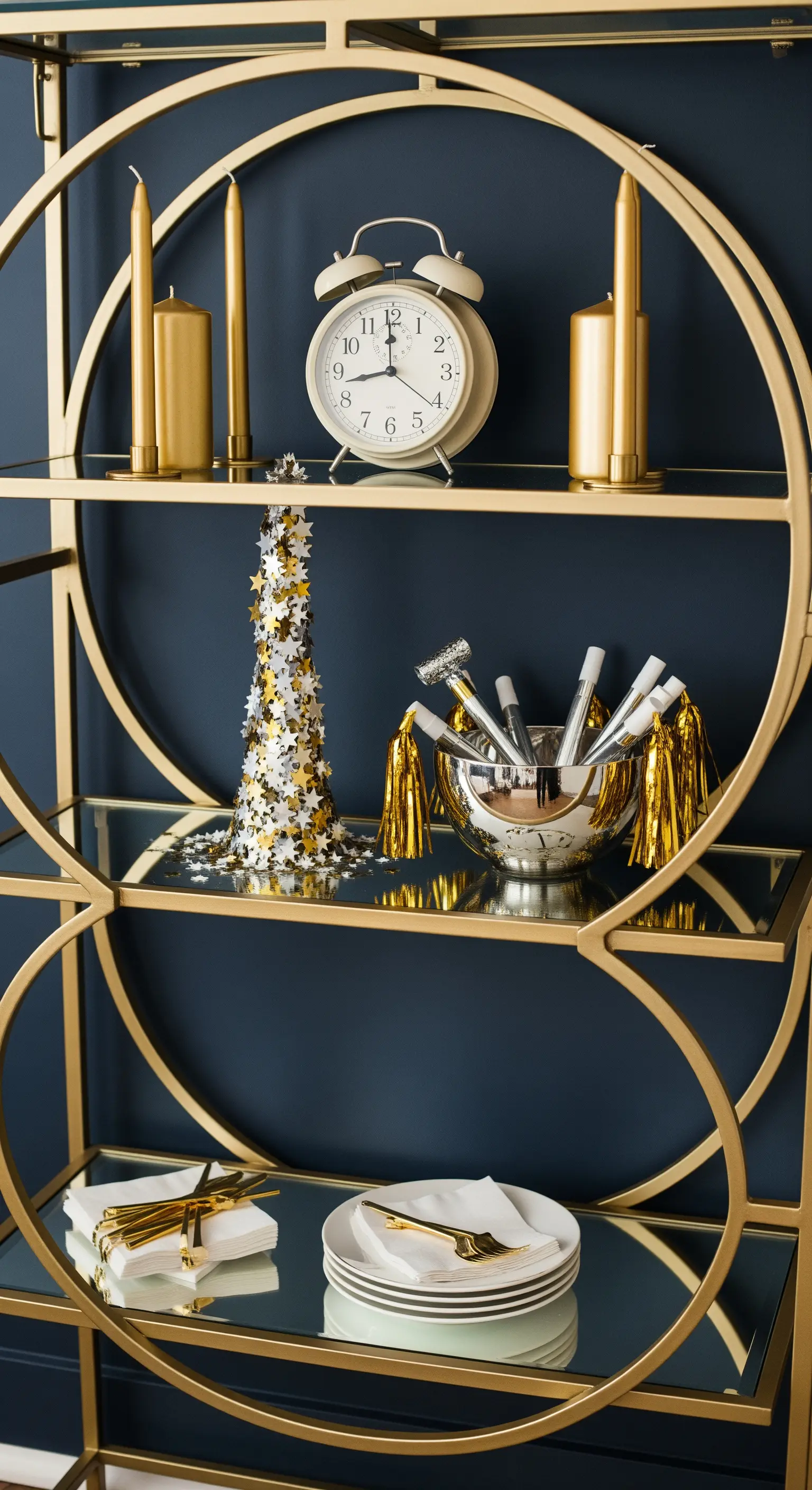 Goldenes Regal mit Silvester-Deko: Kerzen, Partyhüte und Teller.