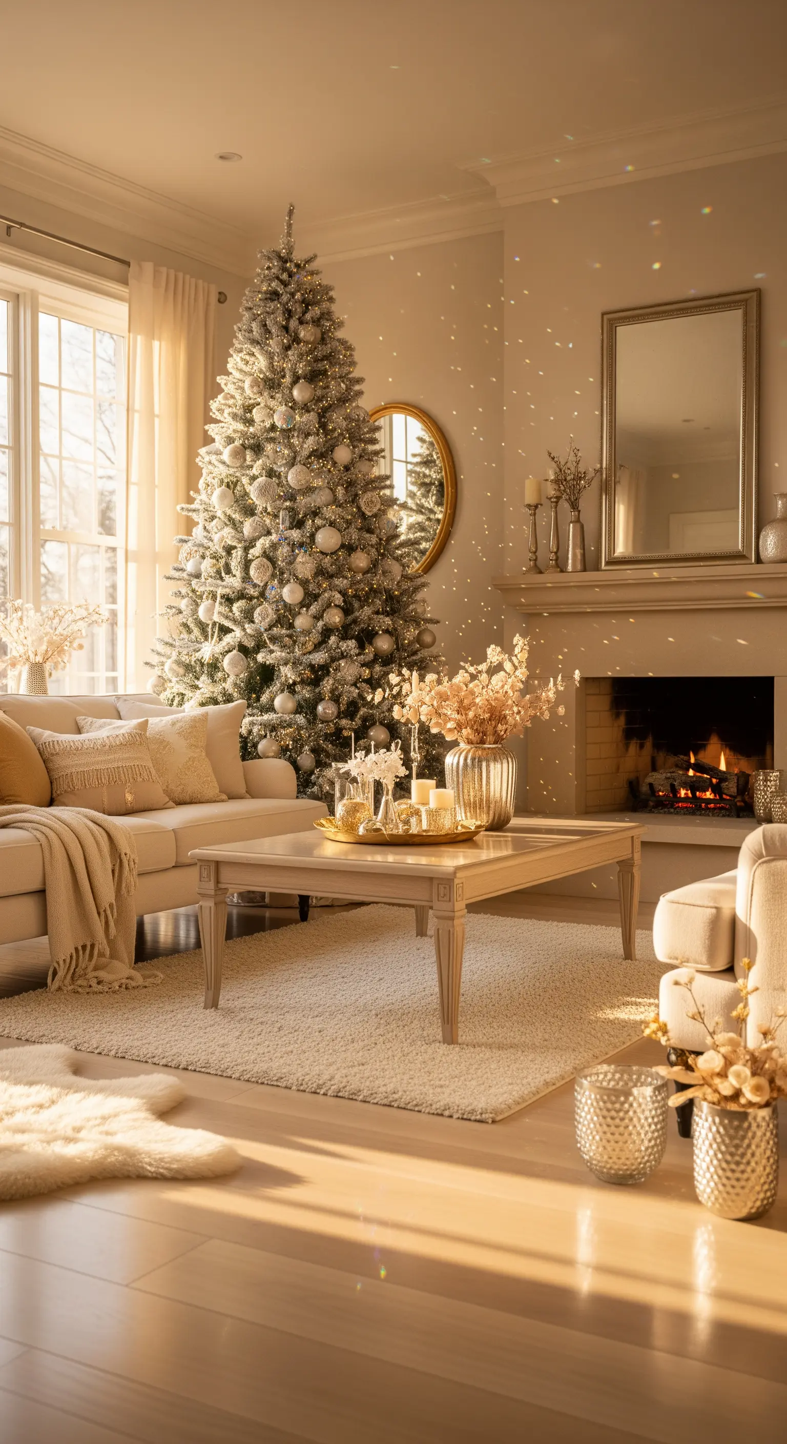 Helles Wohnzimmer mit geflocktem Weihnachtsbaum, goldenen Dekorationen, Kamin und warmem Licht.