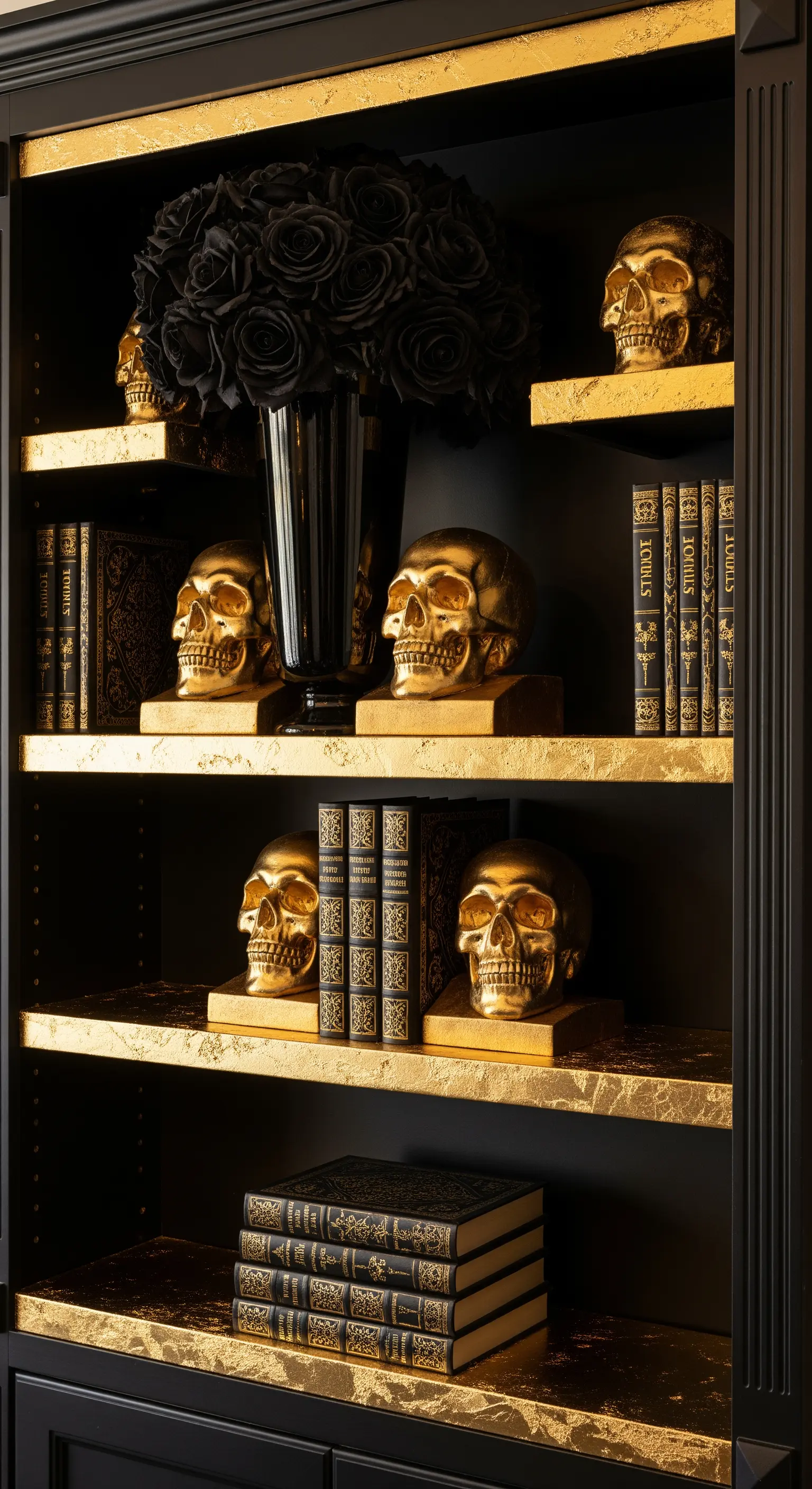 Luxuriöses schwarzes Regal mit Gold-Akzenten, goldenen Schädeln und schwarzen Rosen.