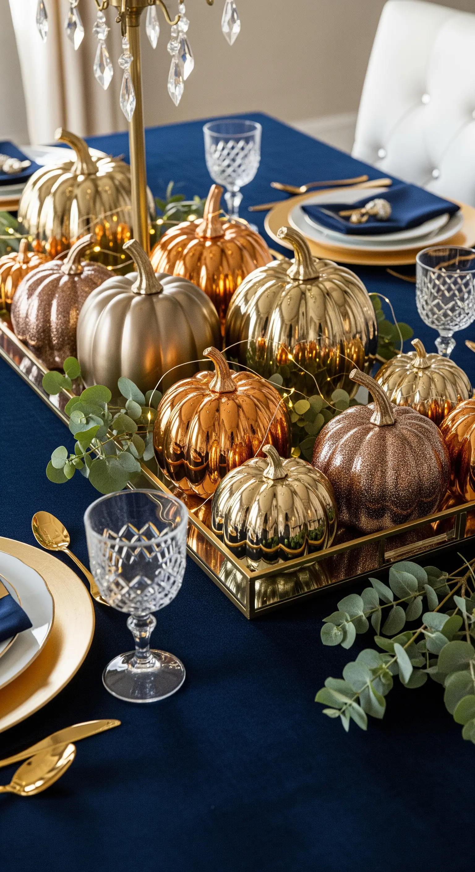 Goldene und bronzefarbene Kürbisse auf einem Tablett mit Lichterketten und Eukalyptus.