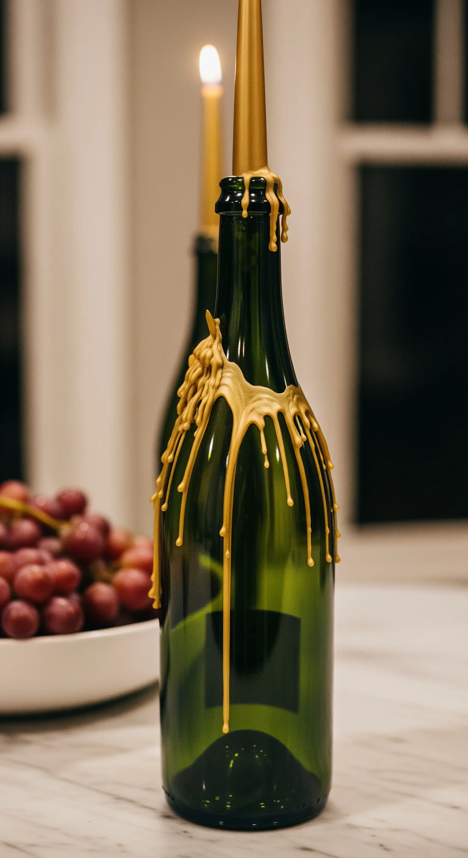 Goldene Stabkerze in einer Weinflasche mit heruntergetropftem goldenem Wachs.