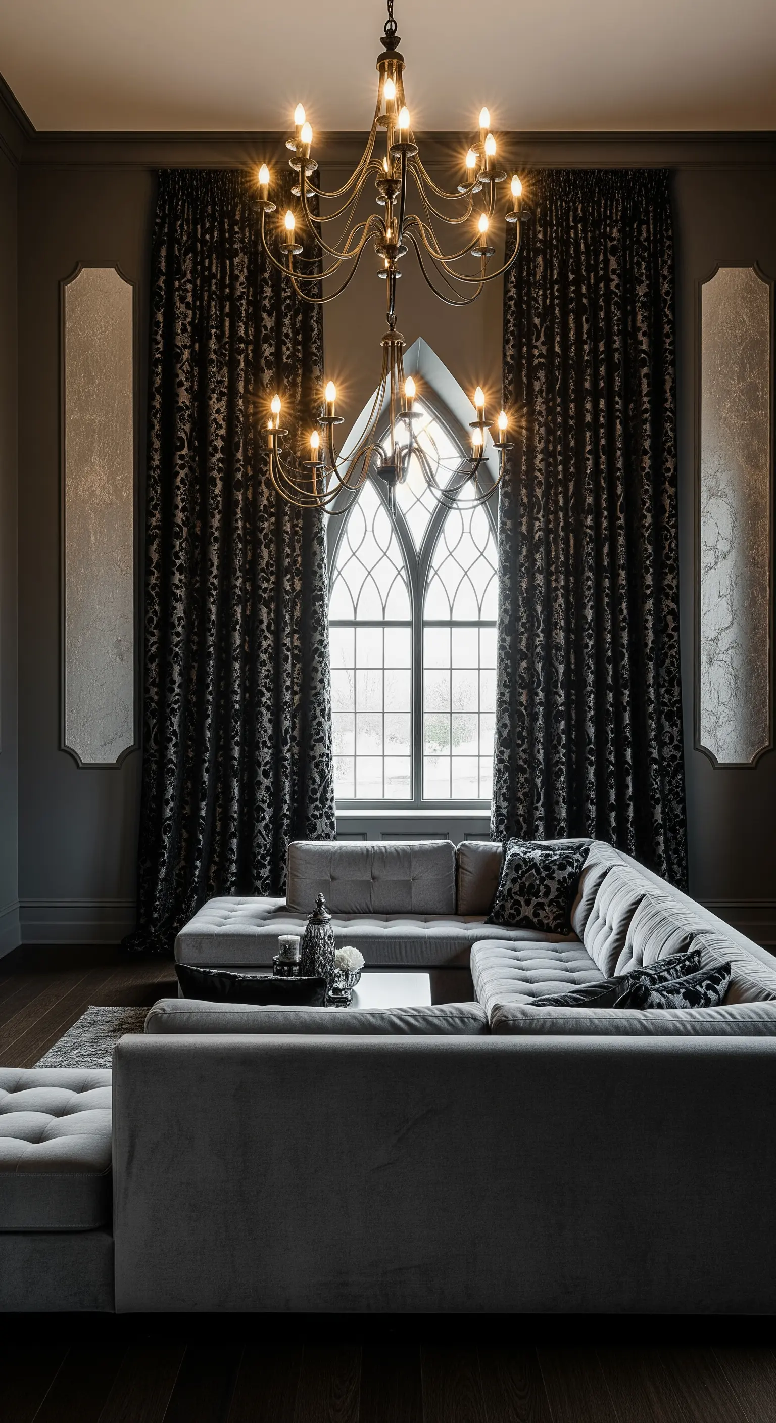 Gothic-Wohnzimmer mit Spitzbogenfenster, gemusterten Vorhängen und Kronleuchter