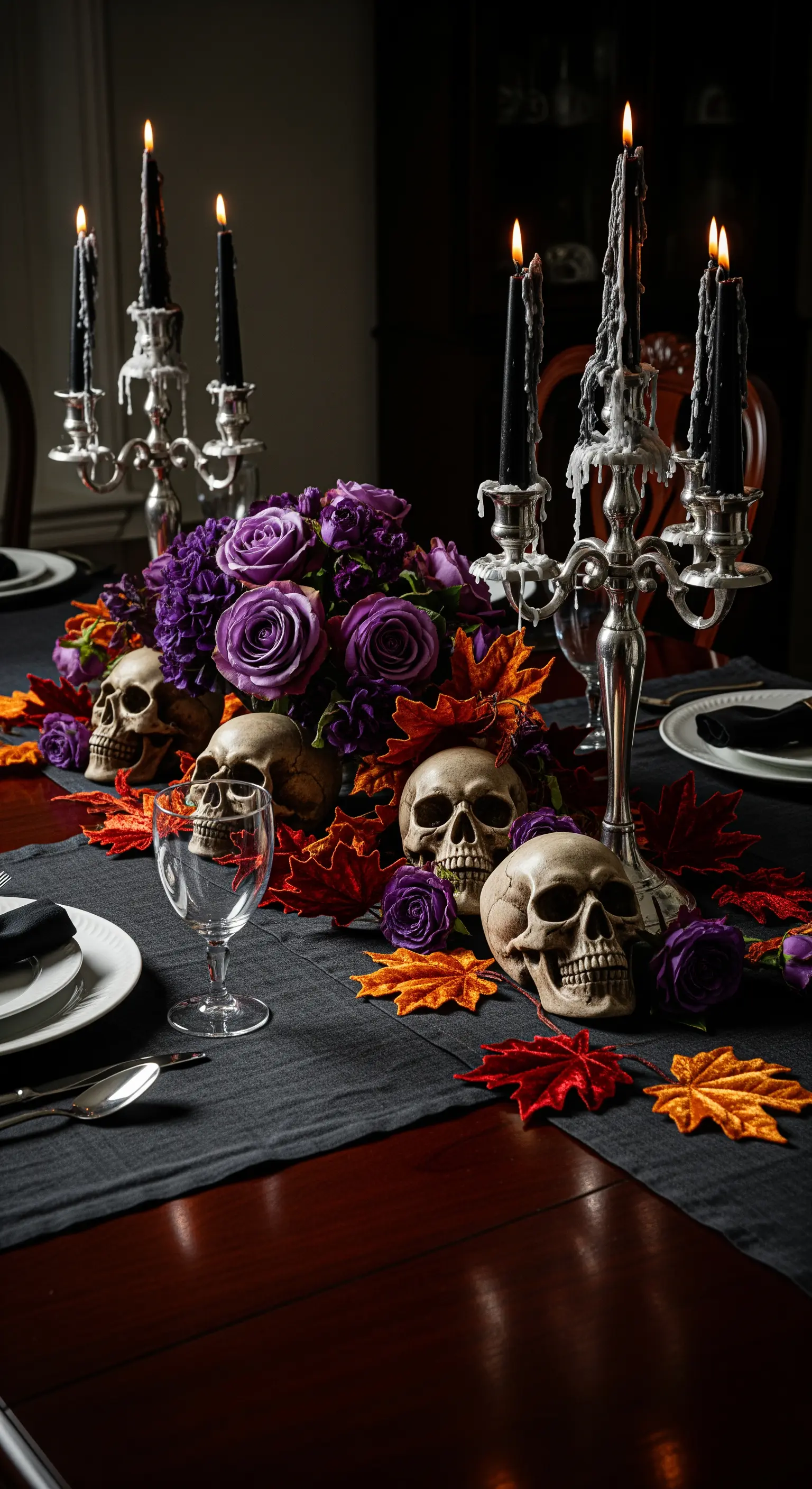 Elegante Halloween-Tischdeko mit schwarzen Kerzen, Totenschädeln und violetten Rosen