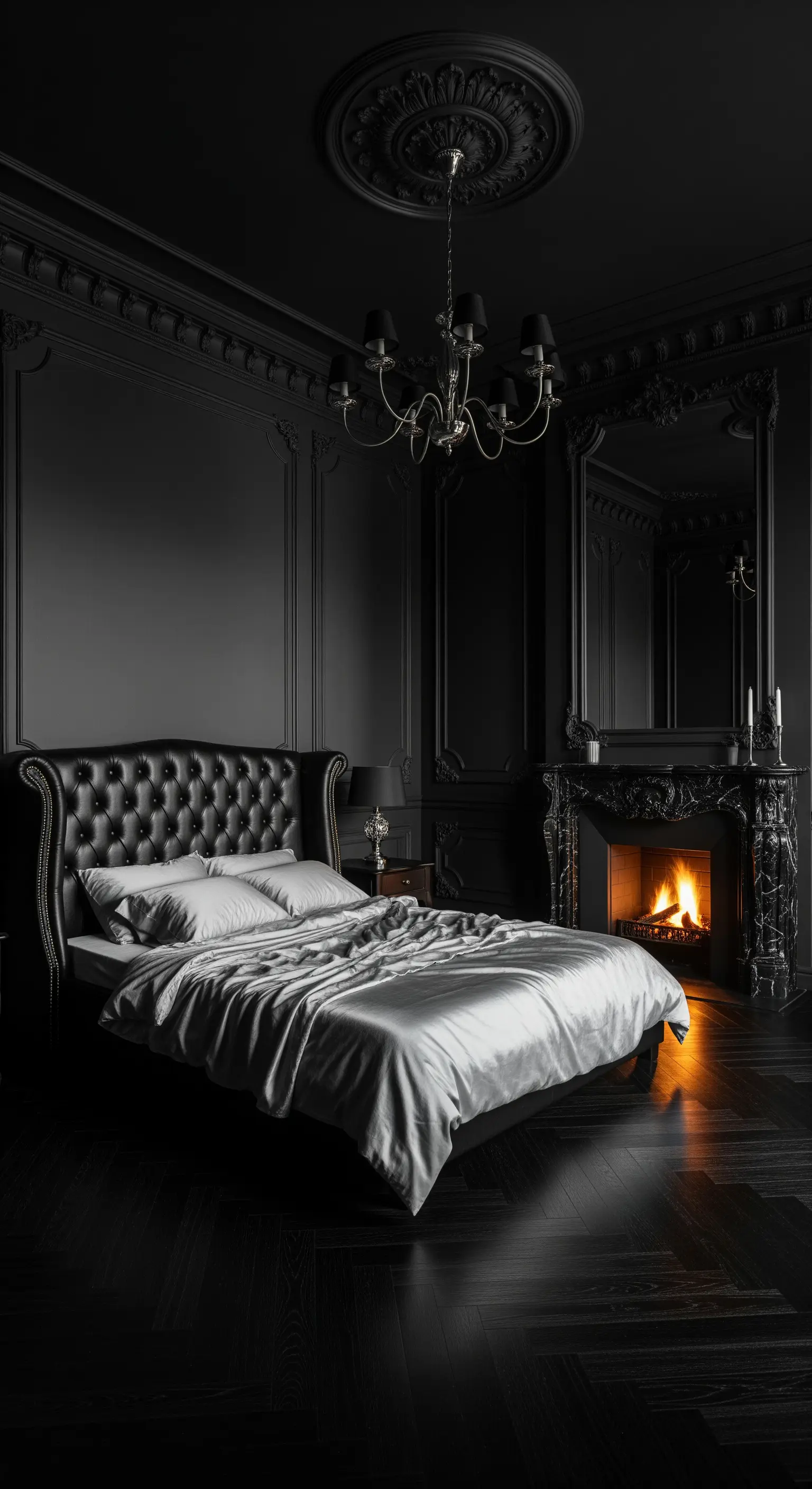 Ganz schwarzes Schlafzimmer mit Chesterfield-Bett, Kamin und Kronleuchter
