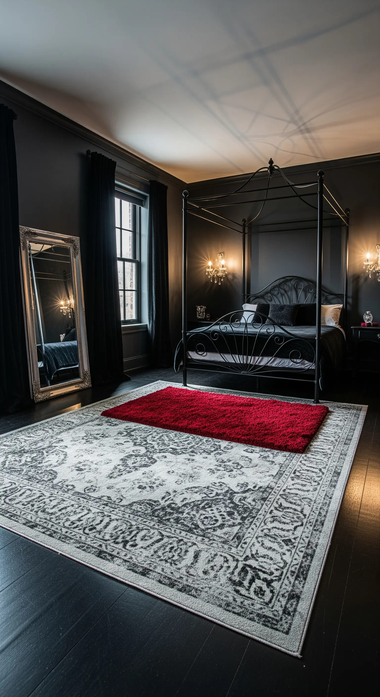 Dunkles, gotisches Schlafzimmer mit einem leuchtend roten Teppich auf einem grauen Vintage-Teppich