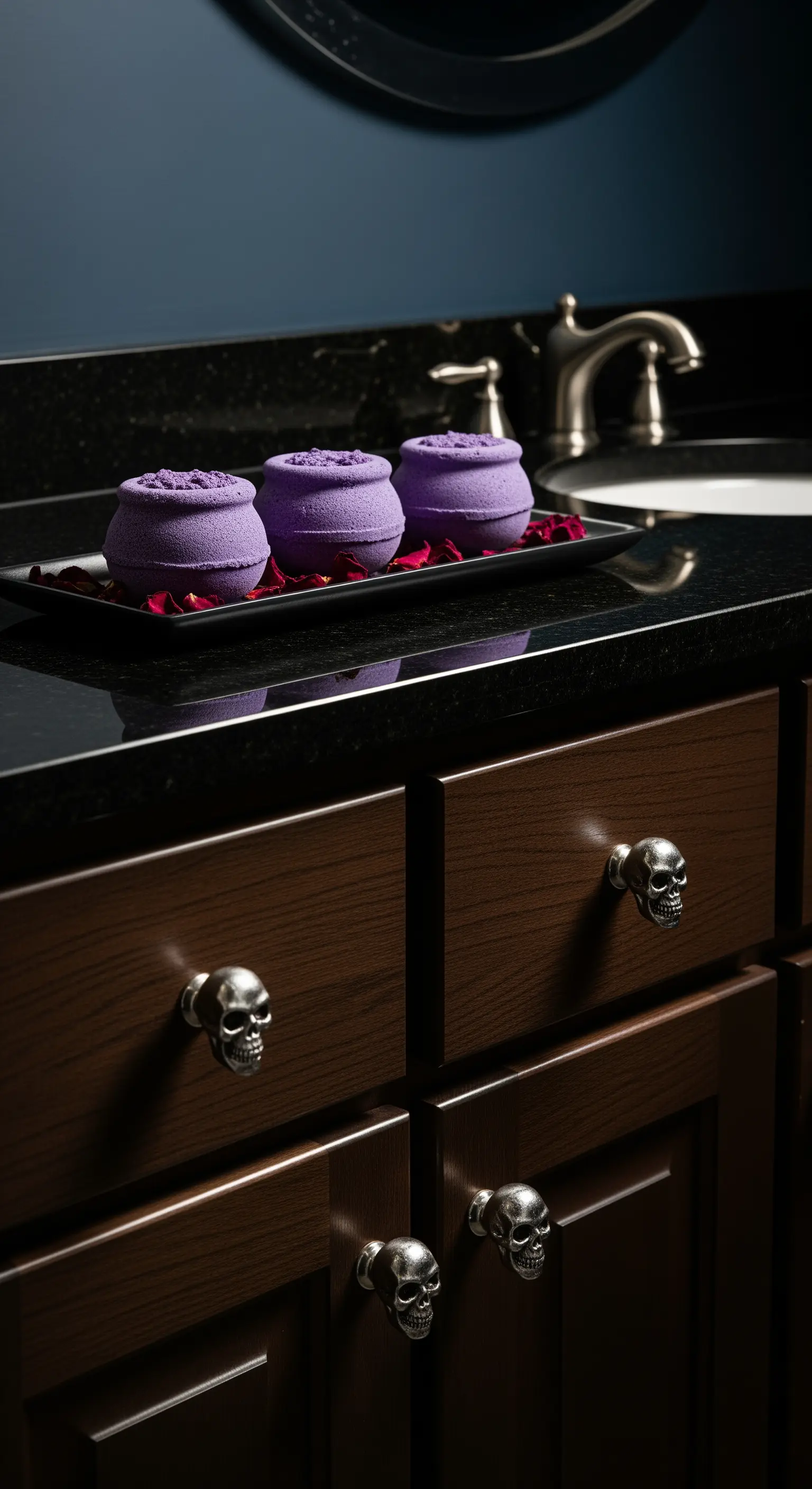 Badezimmerschrank mit Totenkopf-Knäufen und lila Badeprodukten auf schwarzem Tablett