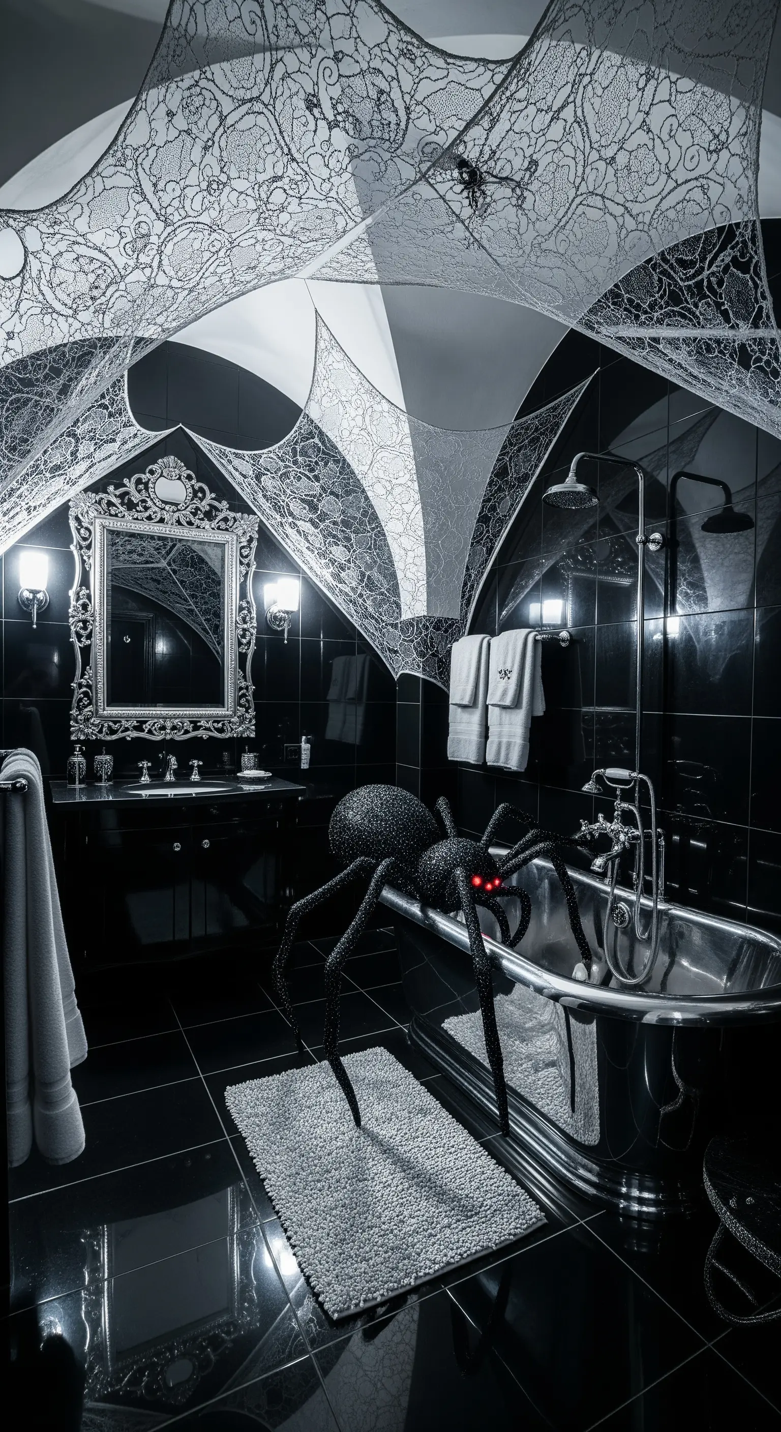 Badezimmer mit schwarzem Marmor, Spitzen-Spinnweben, Barockspiegel und großer Spinne in der Wanne