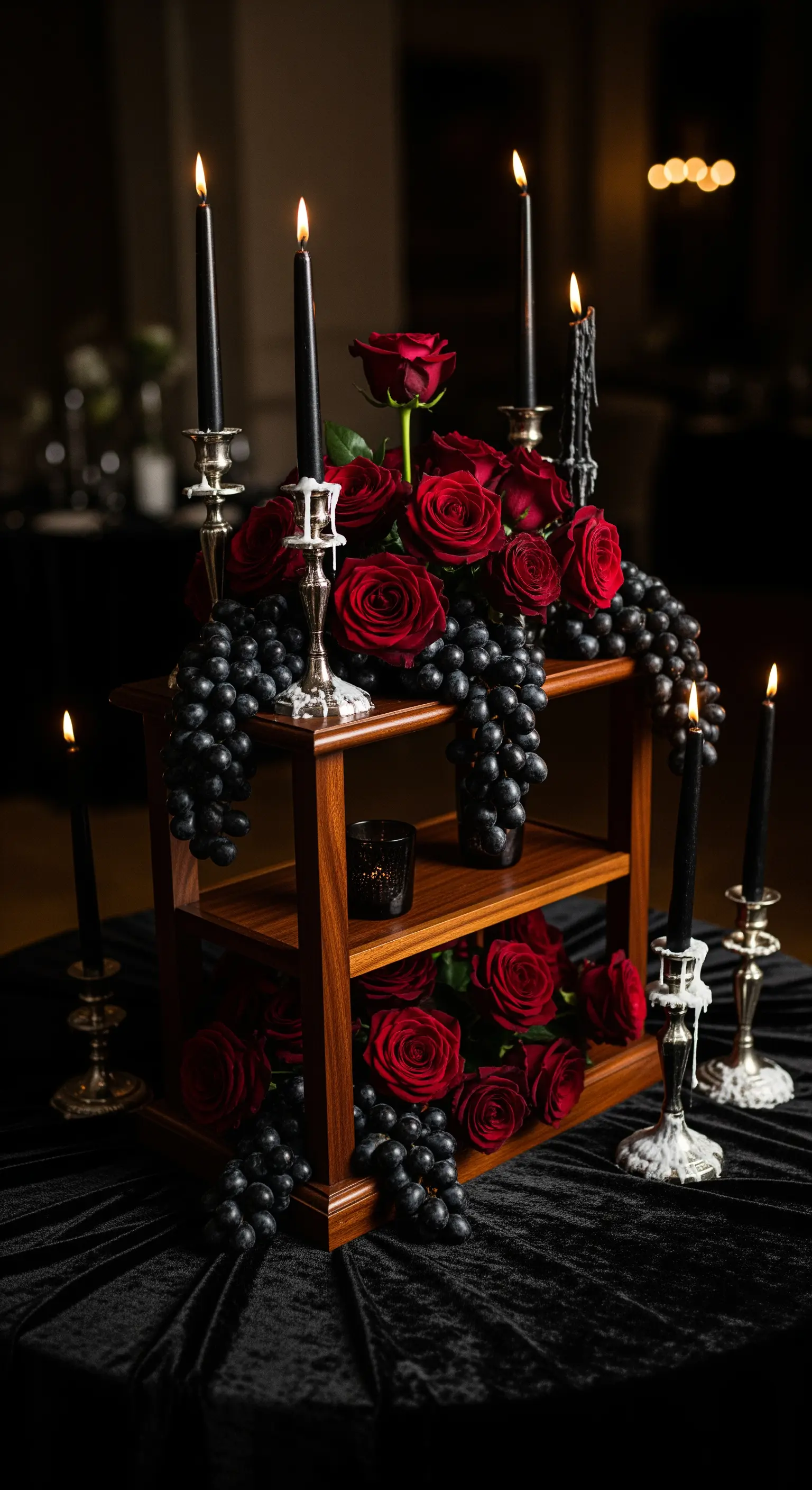 Dunkle Holz-Etagere mit tiefroten Rosen, Weintrauben und schwarzen Kerzen.