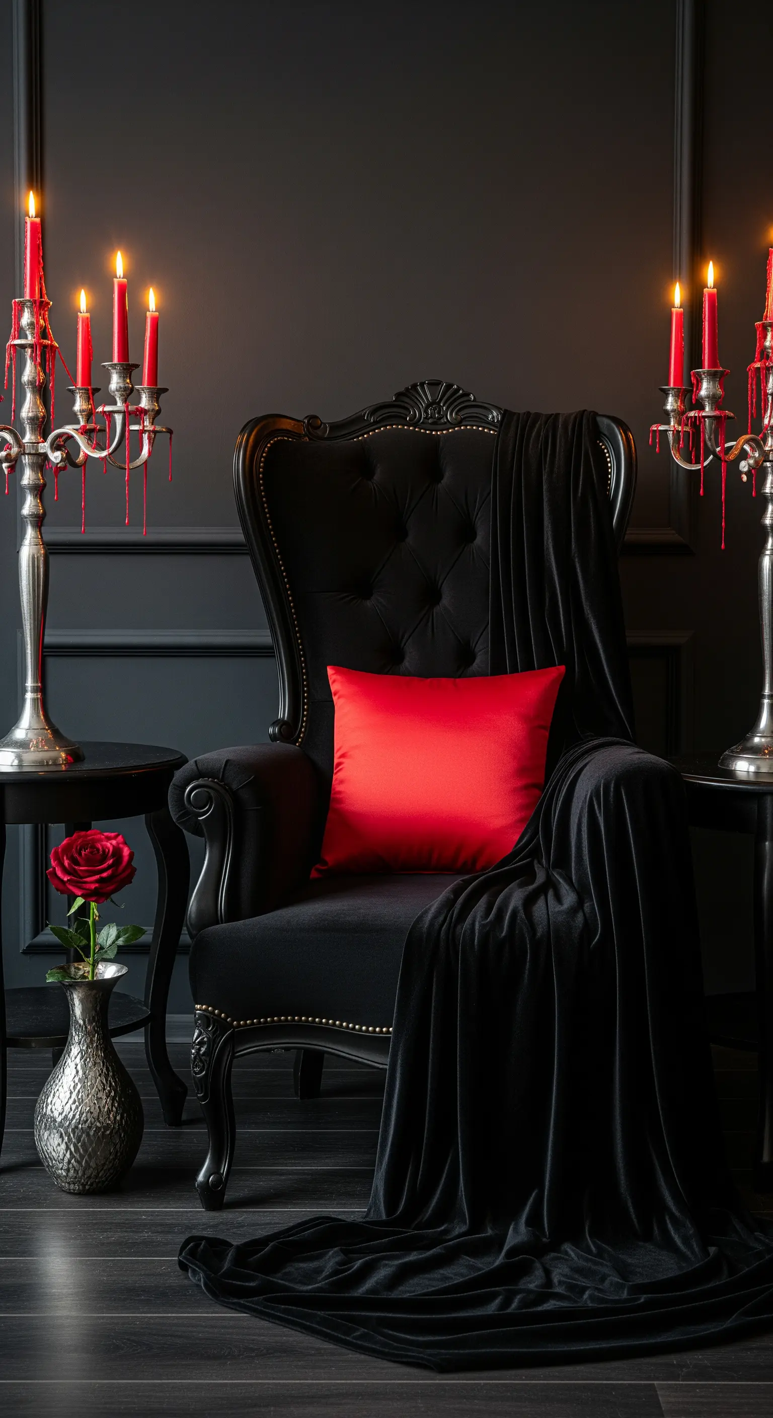 Schwarzer Barocksessel vor schwarzer Wand, flankiert von Kandelabern mit roten Kerzen.